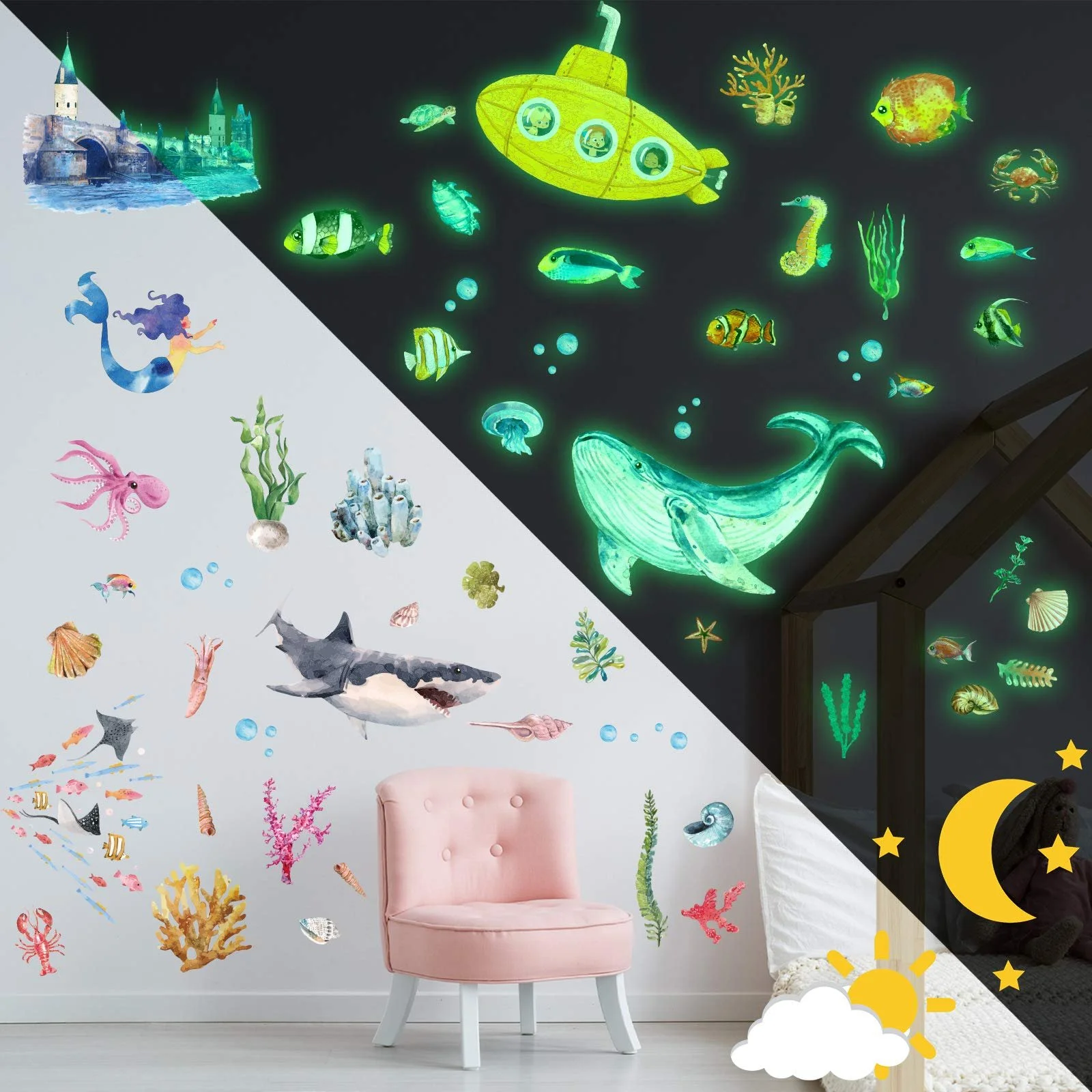 Наклейки на стену Outus Sea World Creature Люминесцентные 63 шт, фото №3