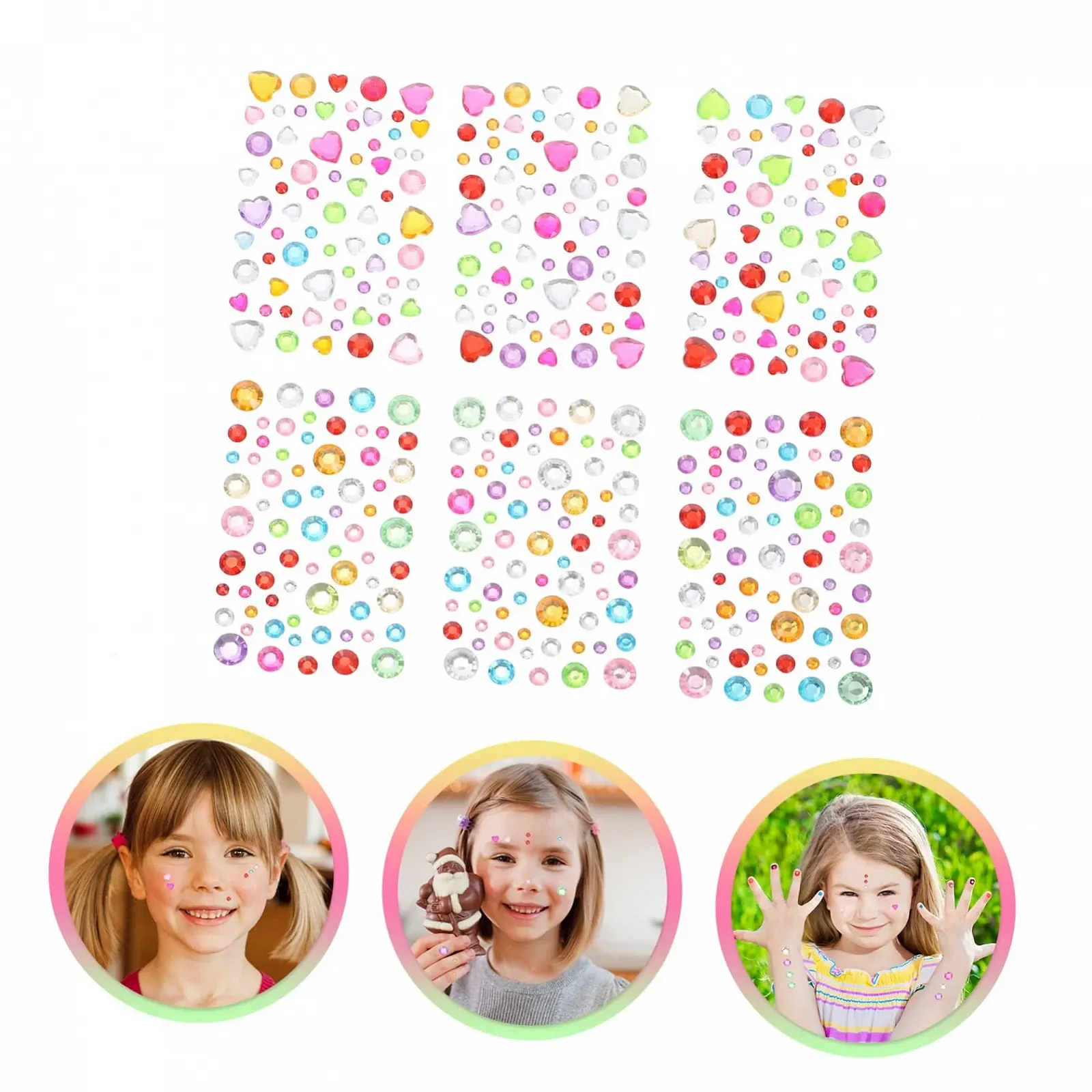 12 листов Наклейки со стразами для лица Стразы для лица Клей для лица Стразы для макияжа Сердце Стразы для ногтей Ювелирные изделия для ногтей Сердце Самоцветы для лица Наклейки, фото №2