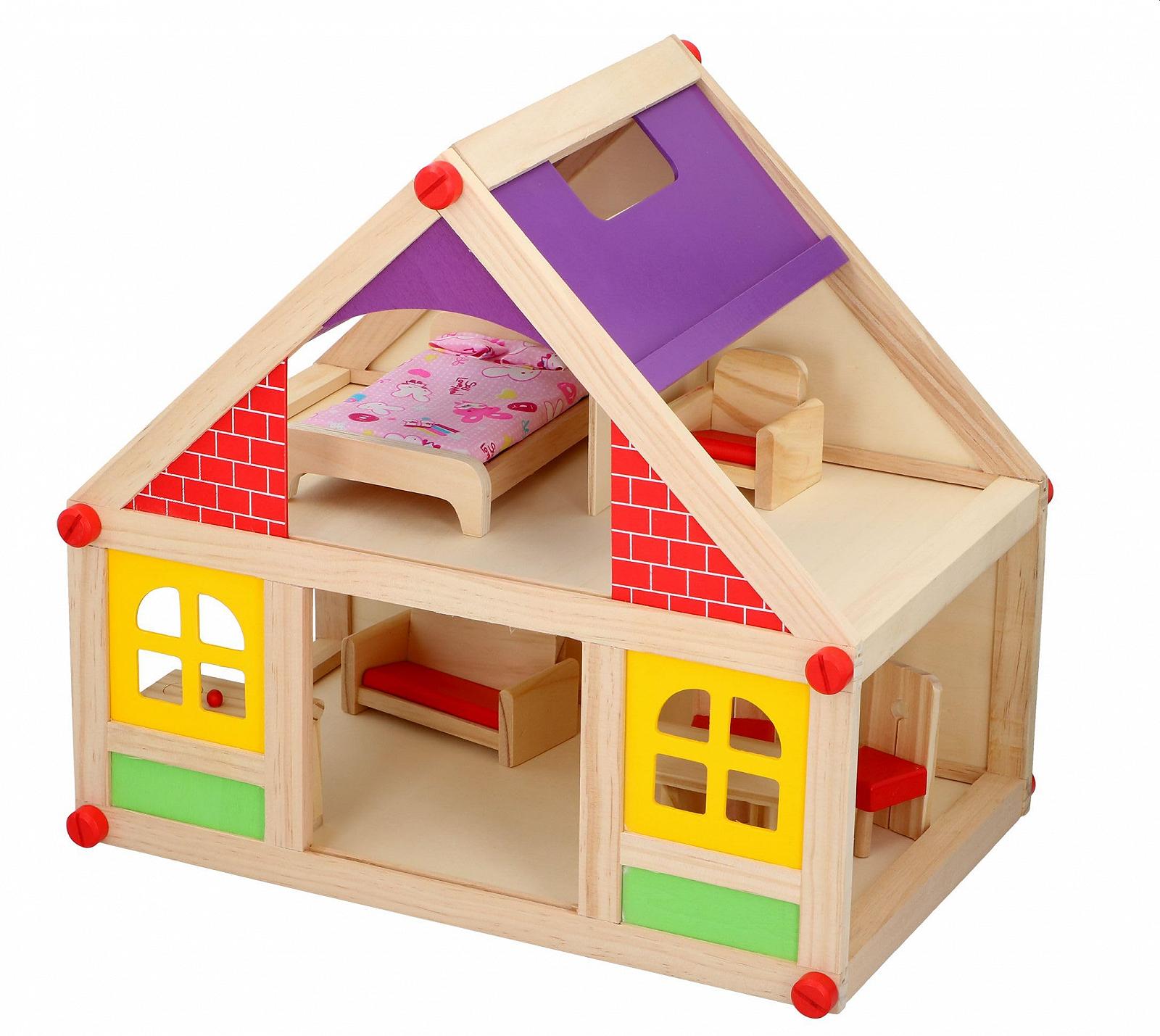 Ігровий будинок для ляльок 40 x 35 см з фігурками та меблями з натурального дерева, фото №9