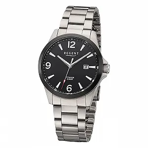 Мужские часы REGENT Титан, титановый корпус 39 мм, кварцевый механизм, 20 Bar, арабские цифры, дата, черный, браслет - Фото 1