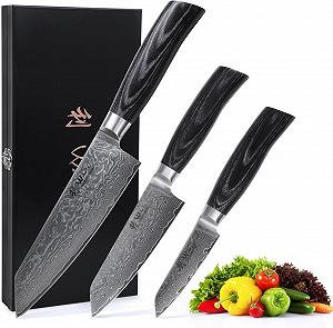 Набор ножей Kiritsuke Wakoli EDIB Pro Black Damascus, 3 шт, сталь Damascus 67 слоев, ядро VG10, лезвия 17 см, 12 см и 9 см, ручка из темного дерева Pakka, в деревянной коробке - Фото 1