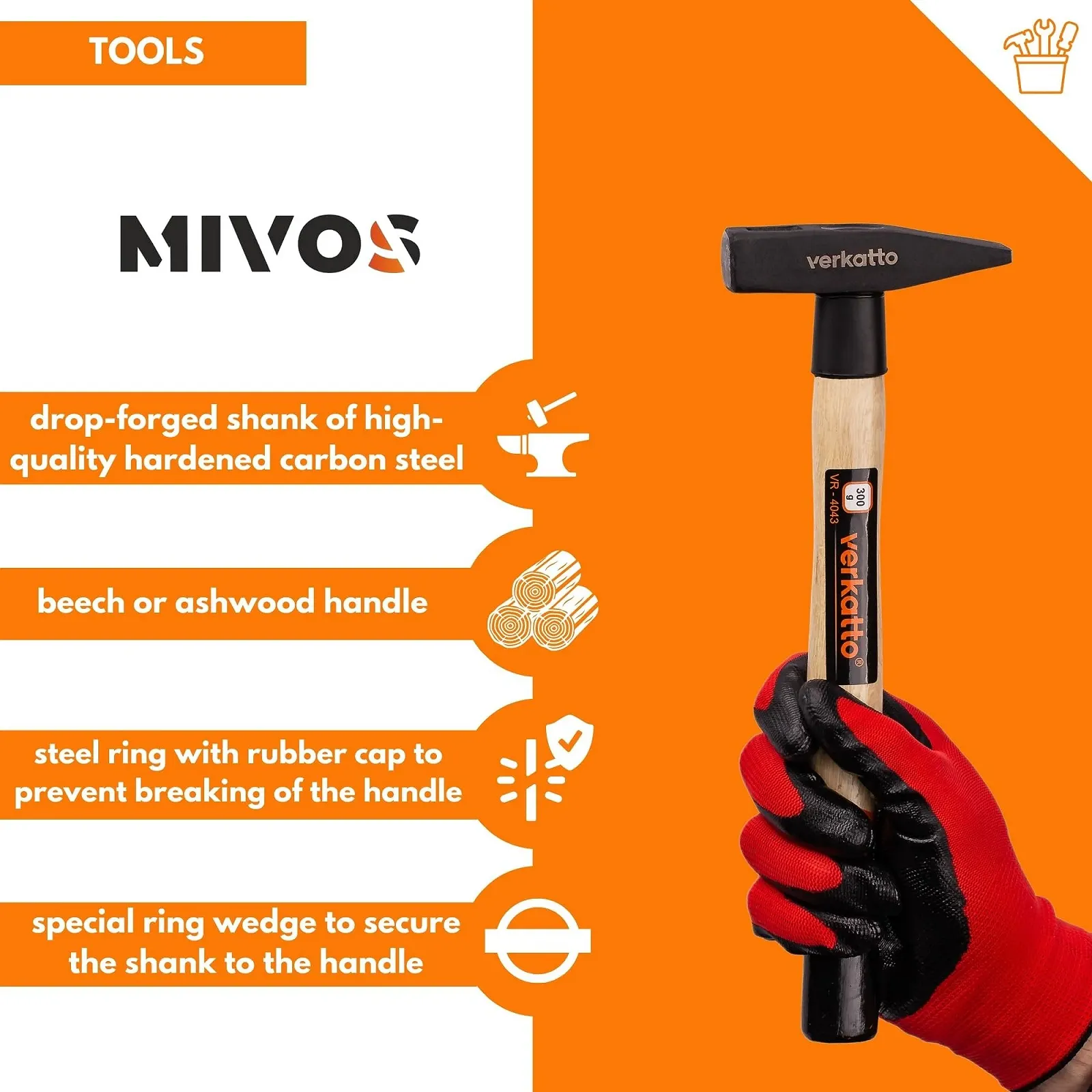 Слесарный молоток Mivos 300 г кованая головка деревянная ручка, фото №3