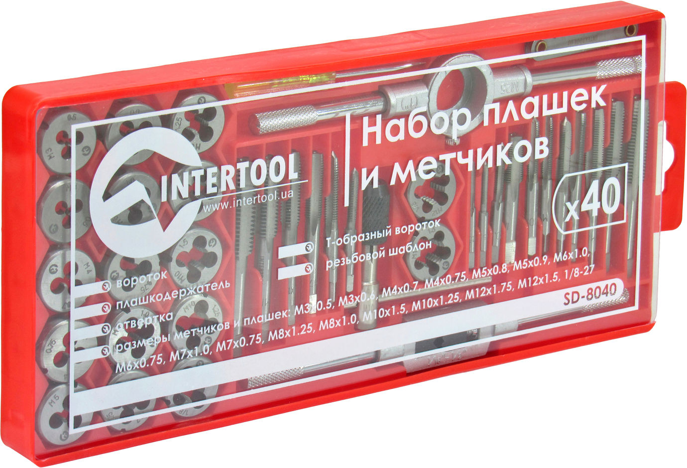 Набір для нарізки різьби 40пред Intertool плашки метчики SD-8040, фото №1