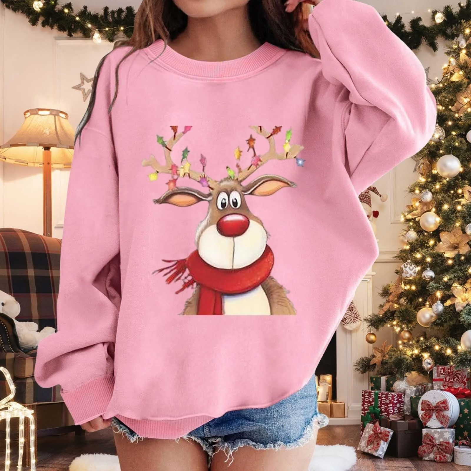 Джемпер Детский рождественский с LED светодиодами с графическим принтом для девочек, круглый вырез горловины, длинные рукава, милый пуловер с заниженной линией плеч, фото №3