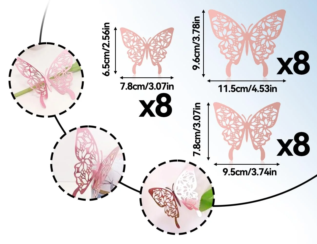 3D наклейки на стіну Метелики 24 шт. 3 розміри Рожеве золото, фото №2