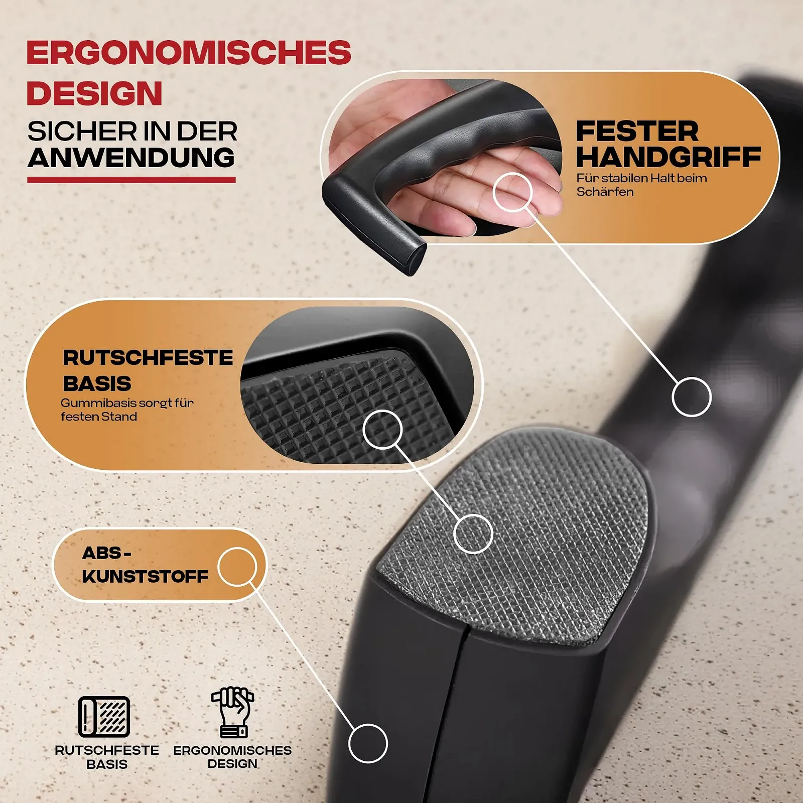 Ручне точило для ножів PORTENTUM Professional 3 рівні кераміка вольфрам алмаз Чорне/Хром, фото №5