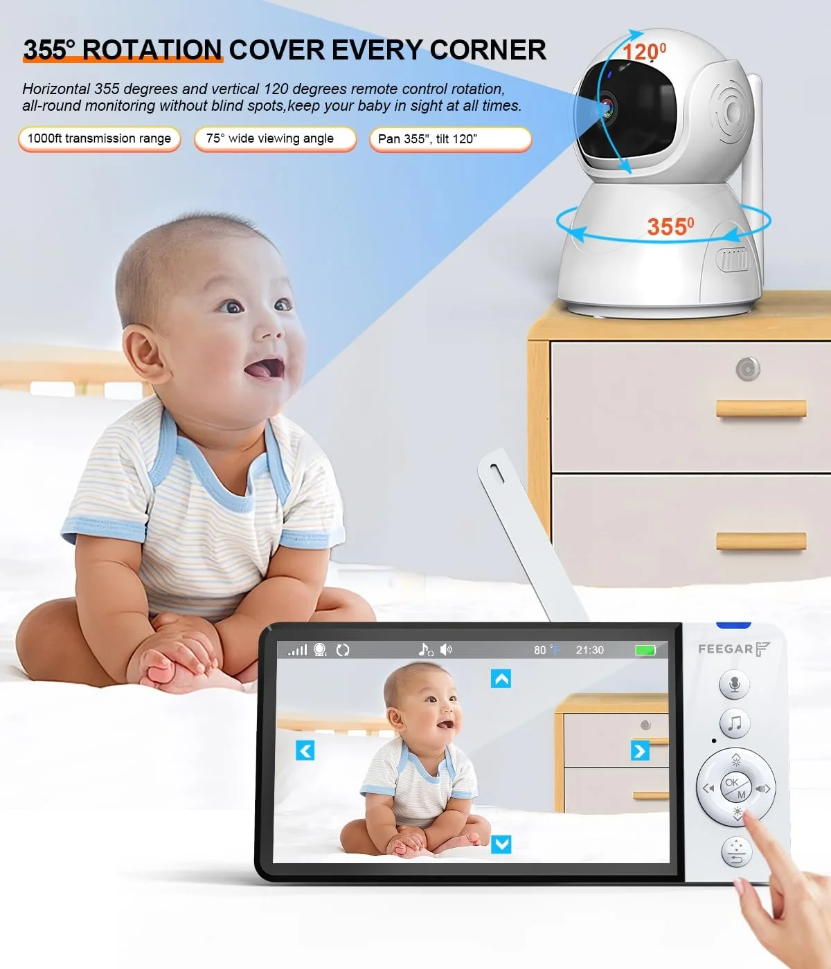 Відеоняня Feegar 5 дюймів 720P HD 2.4 GHz PTZ 355°/120° 2x Zoom VOX Нічне бачення Датчик температури Колискові 5000 mAh, фото №6