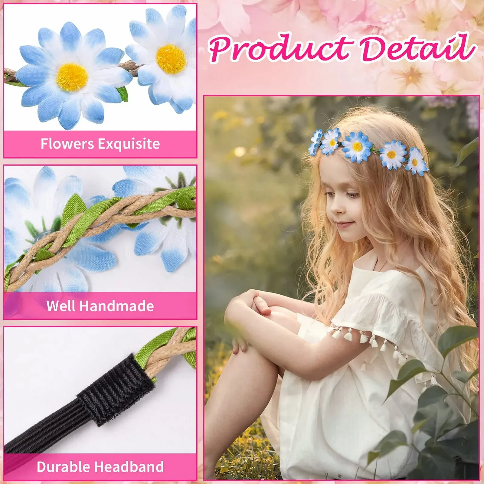 Вінок для волосся з ромашками, набір 5 штук, різнокольоровий, фото №3