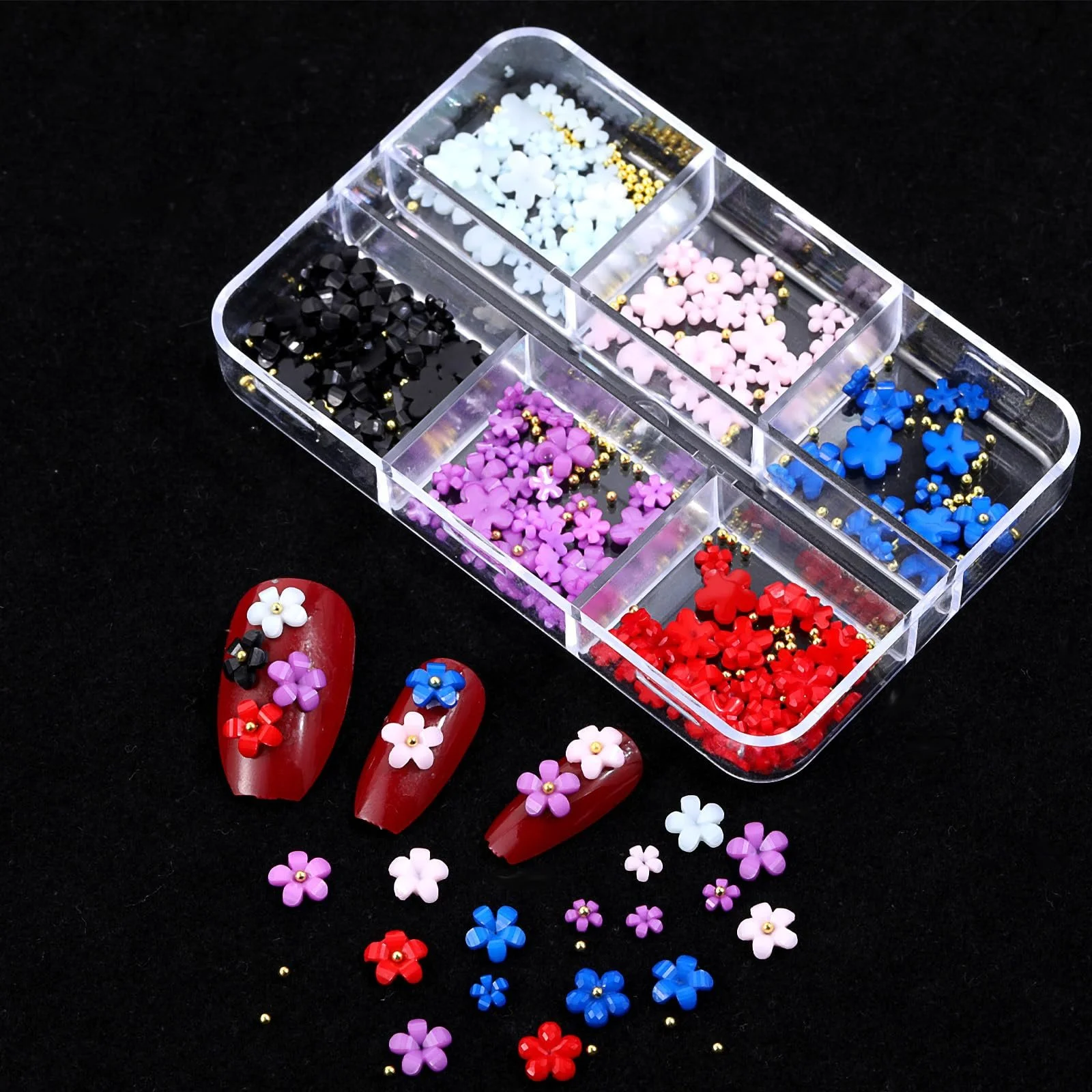 Цветок Украшения для ногтей с золотыми металлическими бусинами 6 цветов 3D акриловые цветы Стразы для DIY украшений для ногтей, фото №7