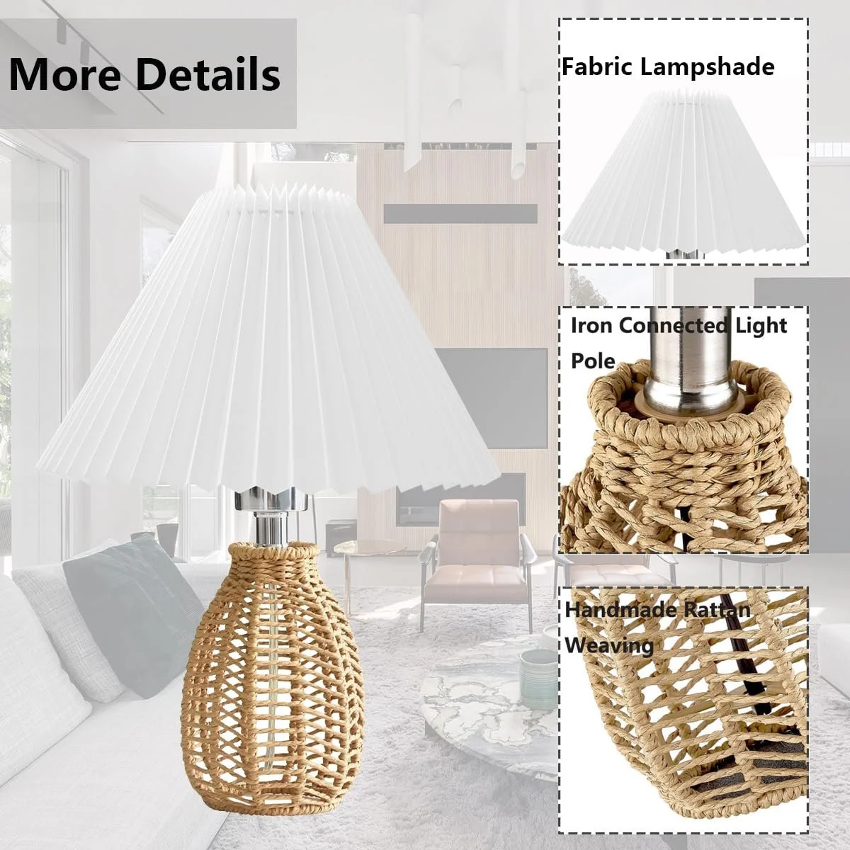 Настільна лампа Boho Vintage Rattan White Fabric Shade Бежева/Біла, фото №4