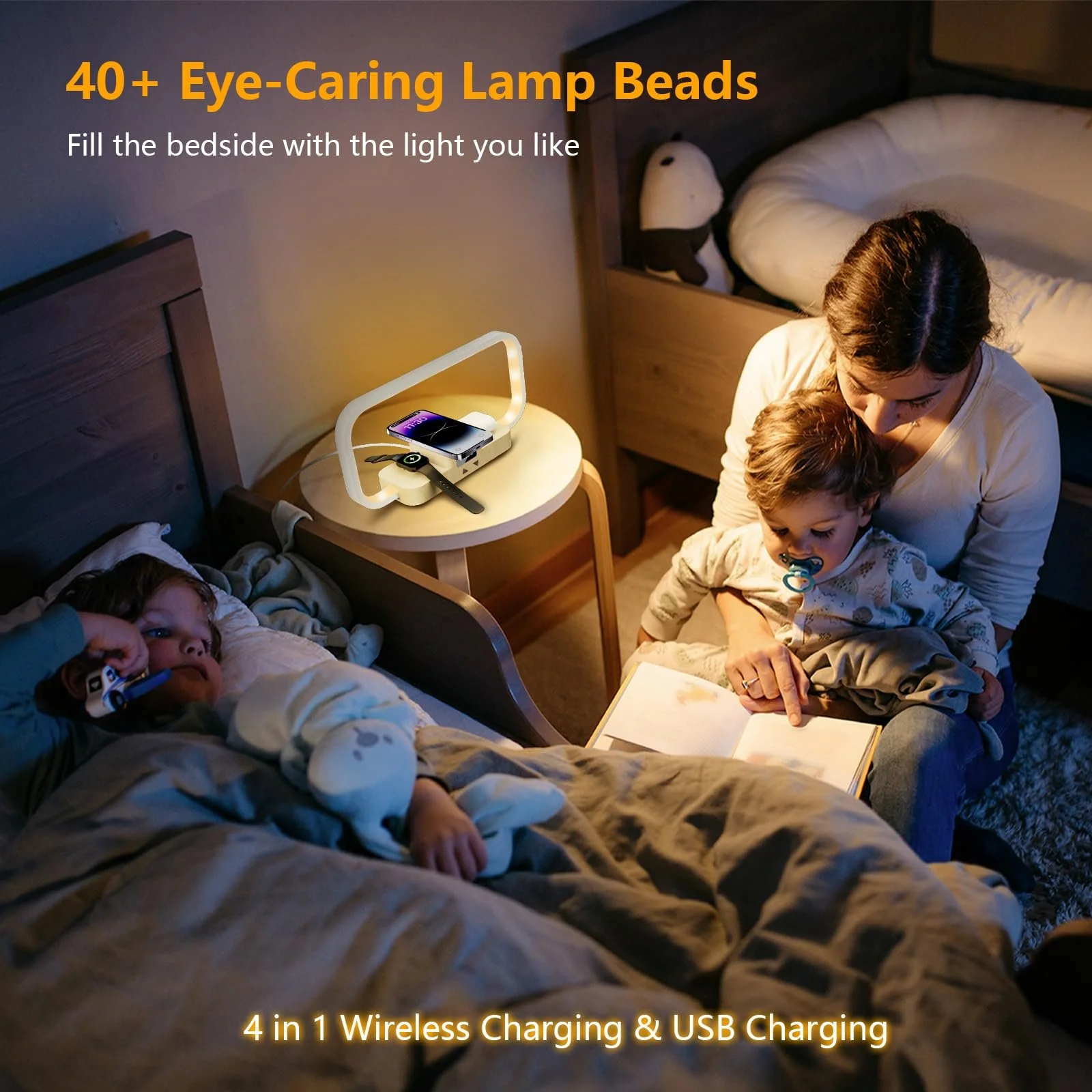 Настольная лампа 3-в-1 Беспроводная зарядка USB Сенсорное управление 5 цветов Дерево, фото №3