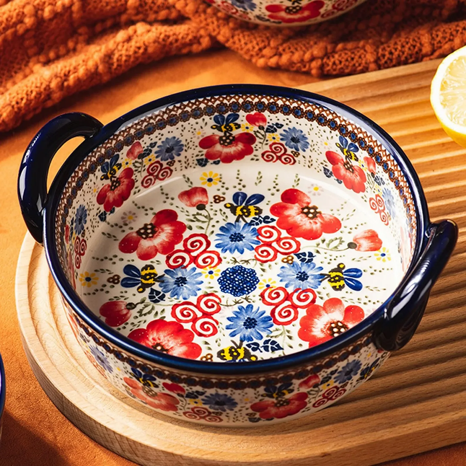 Форма для запікання 950 мл кругла керамічна термостійка з двома ручками та квітковим принтом, фото №2