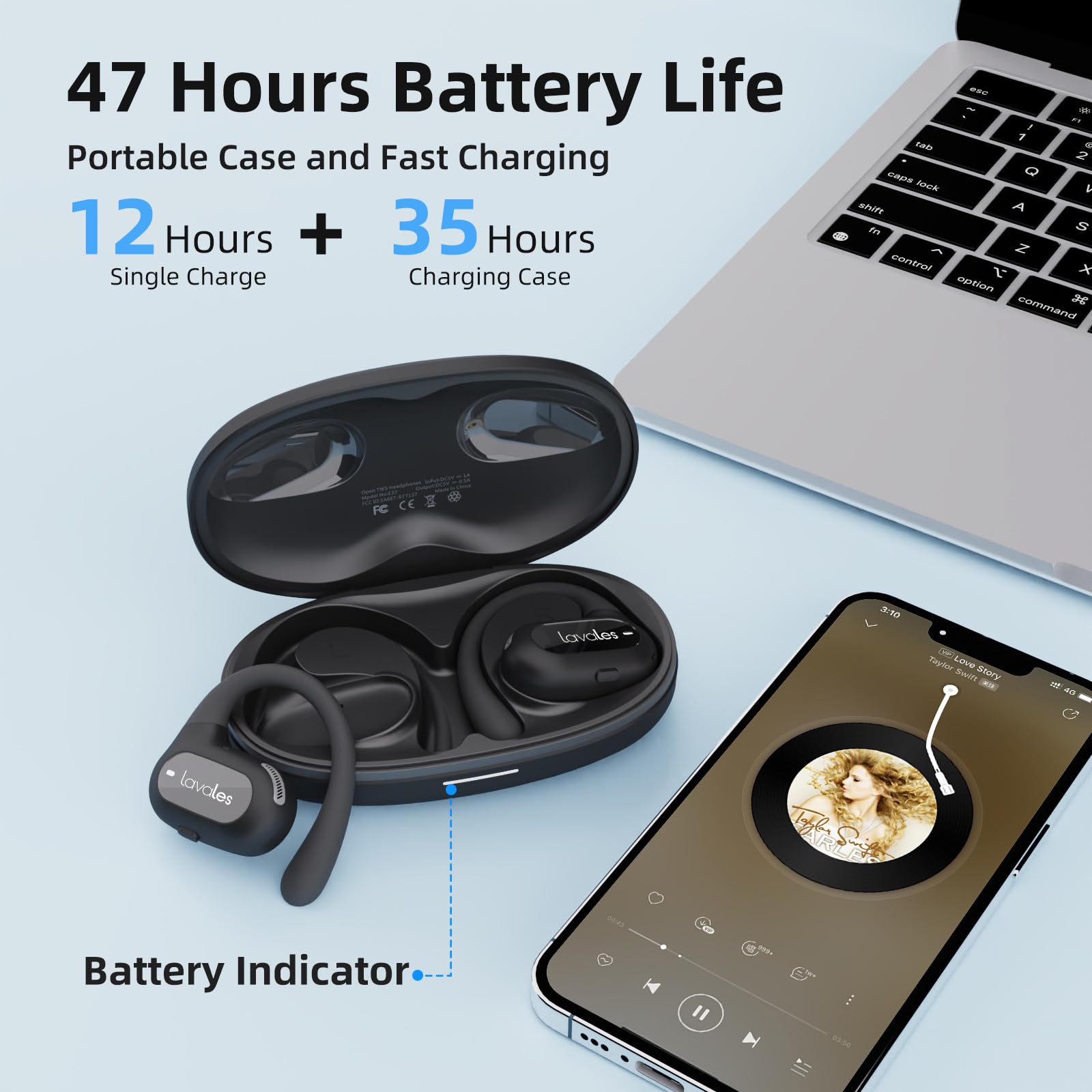 Наушники Lavales Open Ear Bluetooth 5.4 Wireless с микрофоном и ушными крючками 47 часов Черный, фото №6