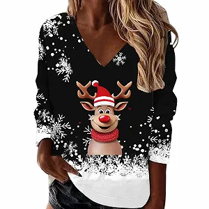 Рождественский джемпер Женский повседневный пуловер с длинными рукавами Рождественская рубашка Женская рождественская толстовка Свободная рождественская футболка для девушек-подростков - Фото 1