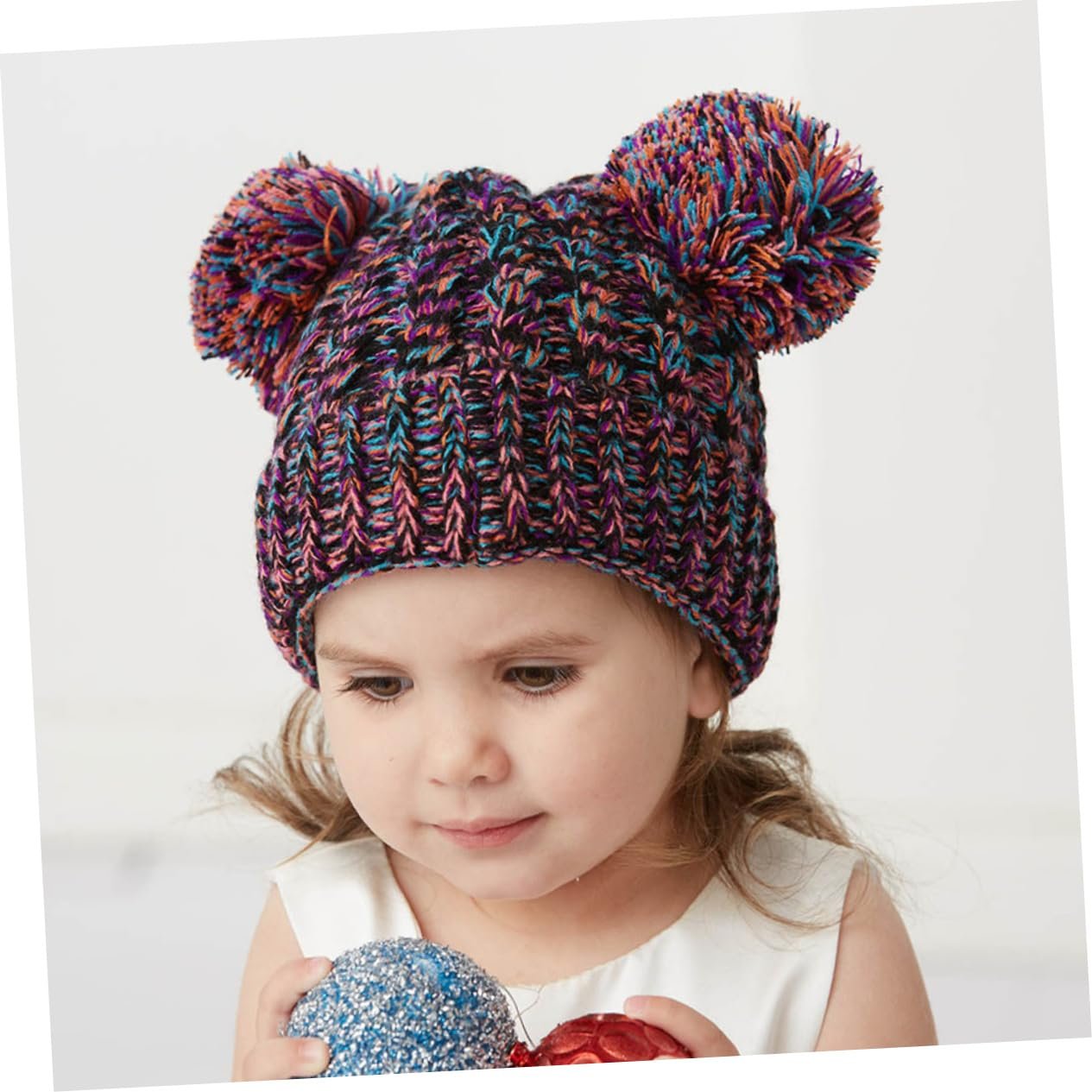В'язана шапка WRITWAA з подвійним помпоном для дівчинки, 3 шт., фіолетова, фото №9