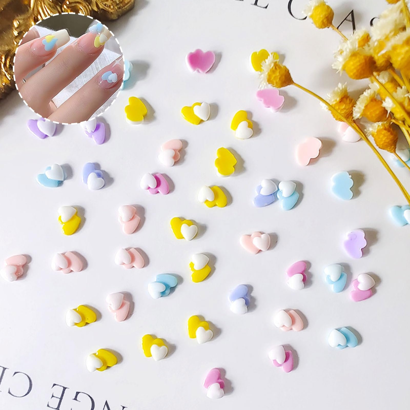 Подвески для ногтей в форме сердца, 100 шт., Макарон, цветные, 3D, двойное сердце, плоская задняя часть, двойной цвет, любовь, смола, аксессуары для ногтей для женщин, девочек, DIY украшения для маникюра, фото №2