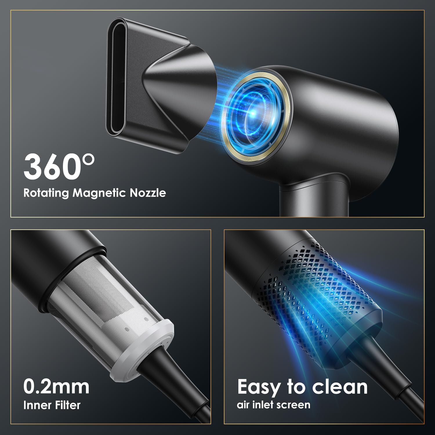 Фен GLAM Ion 1600 Вт, тихий фен для быстрой сушки волос с концентратором, бесщеточный двигатель 110 000 об/мин, 4 режима нагрева и 2 скорости с 200 миллионами ионов, фото №5