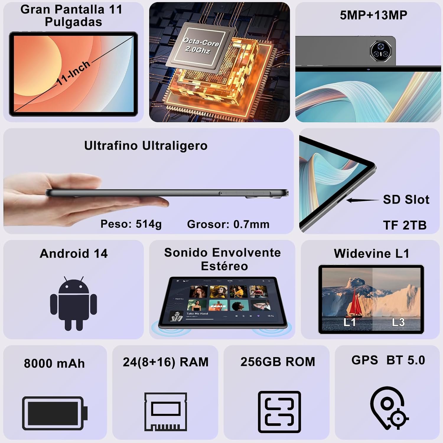 Планшет 11" Full HD DGhrti TAB50 8+16/256Gb Android 14 8000 mAh Сірий, фото №2