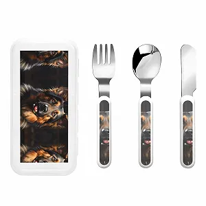 Набір дитячих столових приборів з трьох предметів з принтом німецької вівчарки, багаторазовий - Фото 1