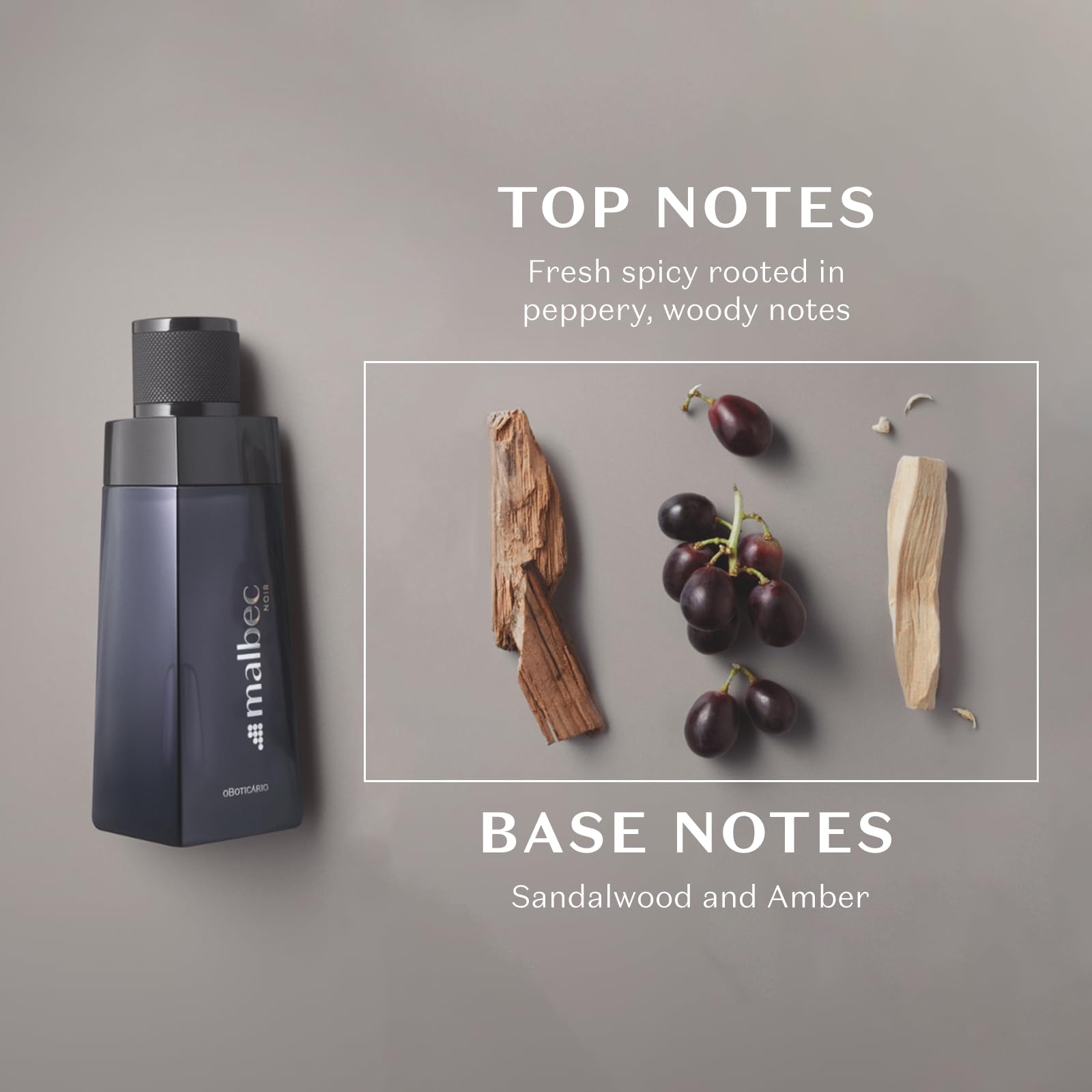 Туалетная вода O Boticario Malbec Noir древесно-пряный аромат для мужчин, изготовленный из спирта, выдержанного в французских дубовых бочках красного вина и винограда Пино Нуар (3,4 унции), фото №3