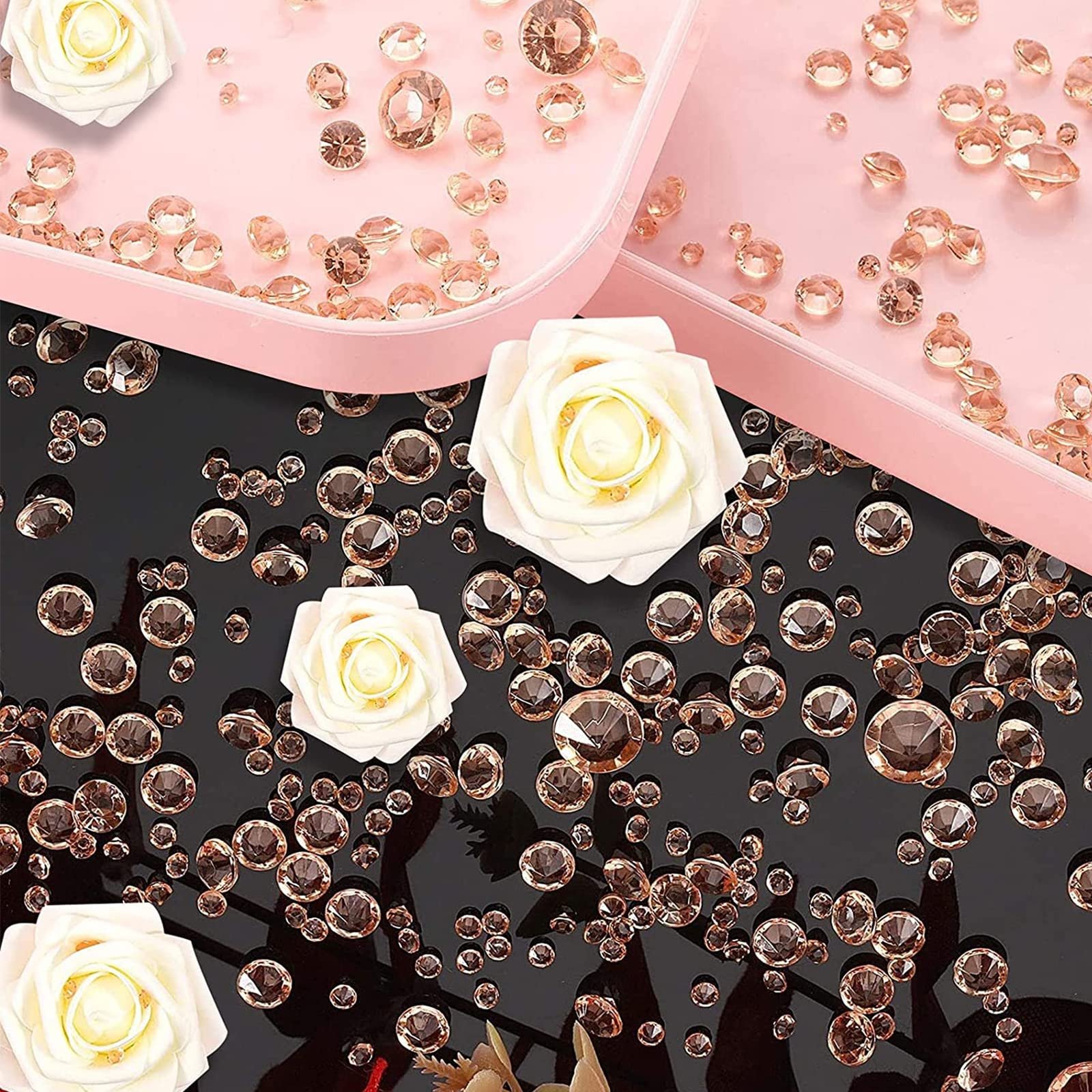 Стразы Акриловые кристаллы с острой основой 3 размеров 4000 шт. для свадебного декора, маникюра, заполнения косметички, украшения макияжа, декорирования рабочего стола (розовое золото), фото №3