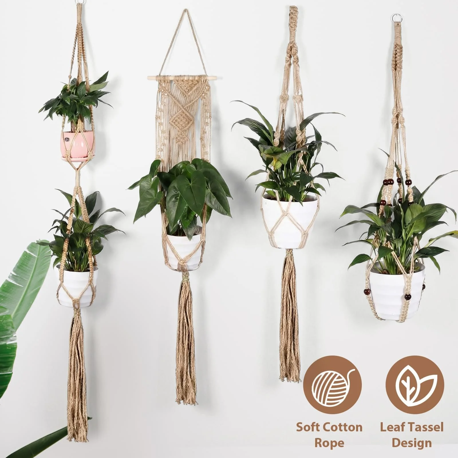 Підвісні кошики макраме Набір із 4 штук Бавовняна мотузка з гачками Коричневий, фото №5