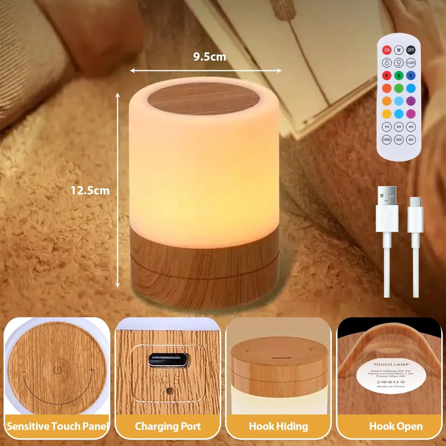 Нічний світильник настільна лампа LED сенсорна з регулюванням яскравості 13 кольорів 3 режими USB акумуляторна з пультом дистанційного керування бездротова з таймером та функцією пам'яті, фото №5