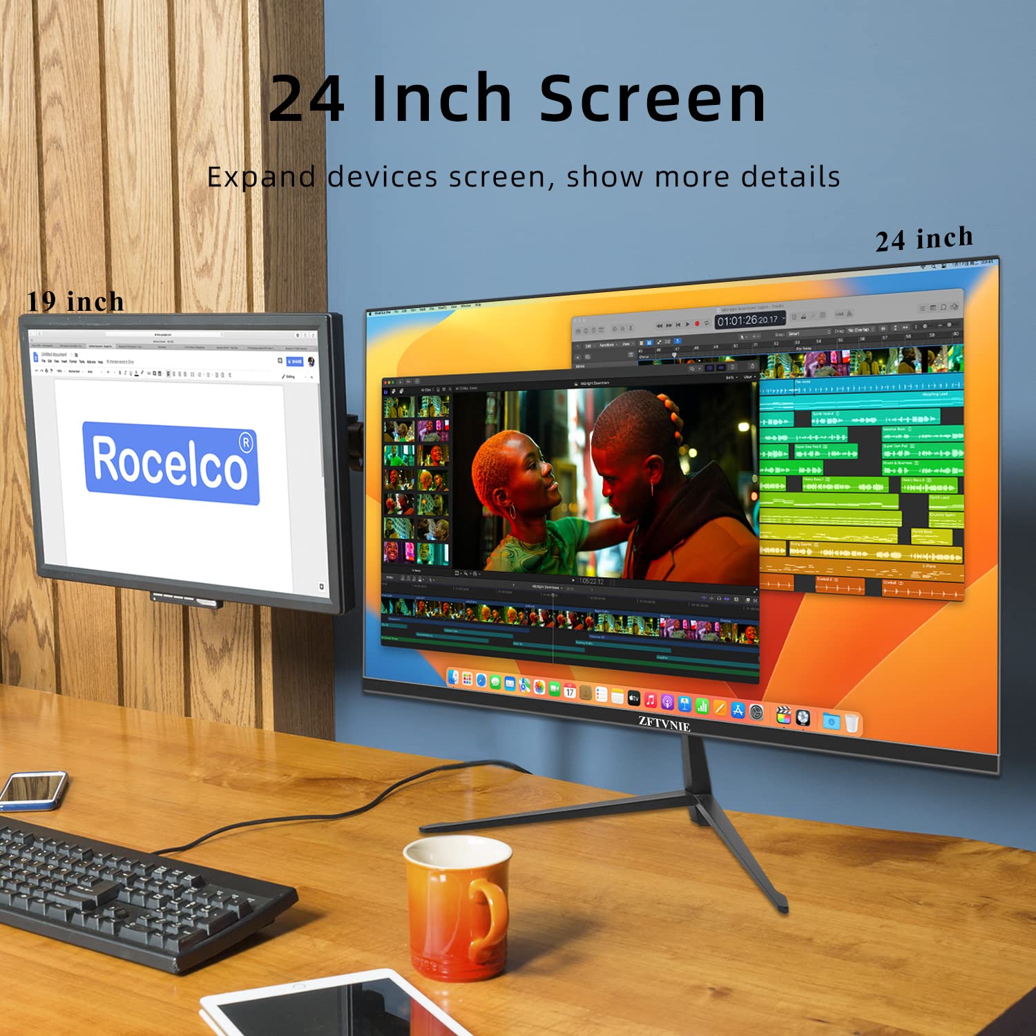 Монитор ZFTVNIE 24 Дюйма Компьютерный Full HD 1920 x 1080P Безрамочный IPS Экран 75Hz HDMI VGA Порты VESA Крепление Дисплей для ПК PS4 PS5, фото №7