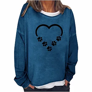 Женский Свитшот TRIGLICOLEUM Без Капюшона Пуловер С Принтом Сердца Любви и Следа Собачьей Лапы, Длинный Рукав, Базовая Рубашка, Круглый Вырез, Джемпер, Блузка Большого Размера - Фото 1