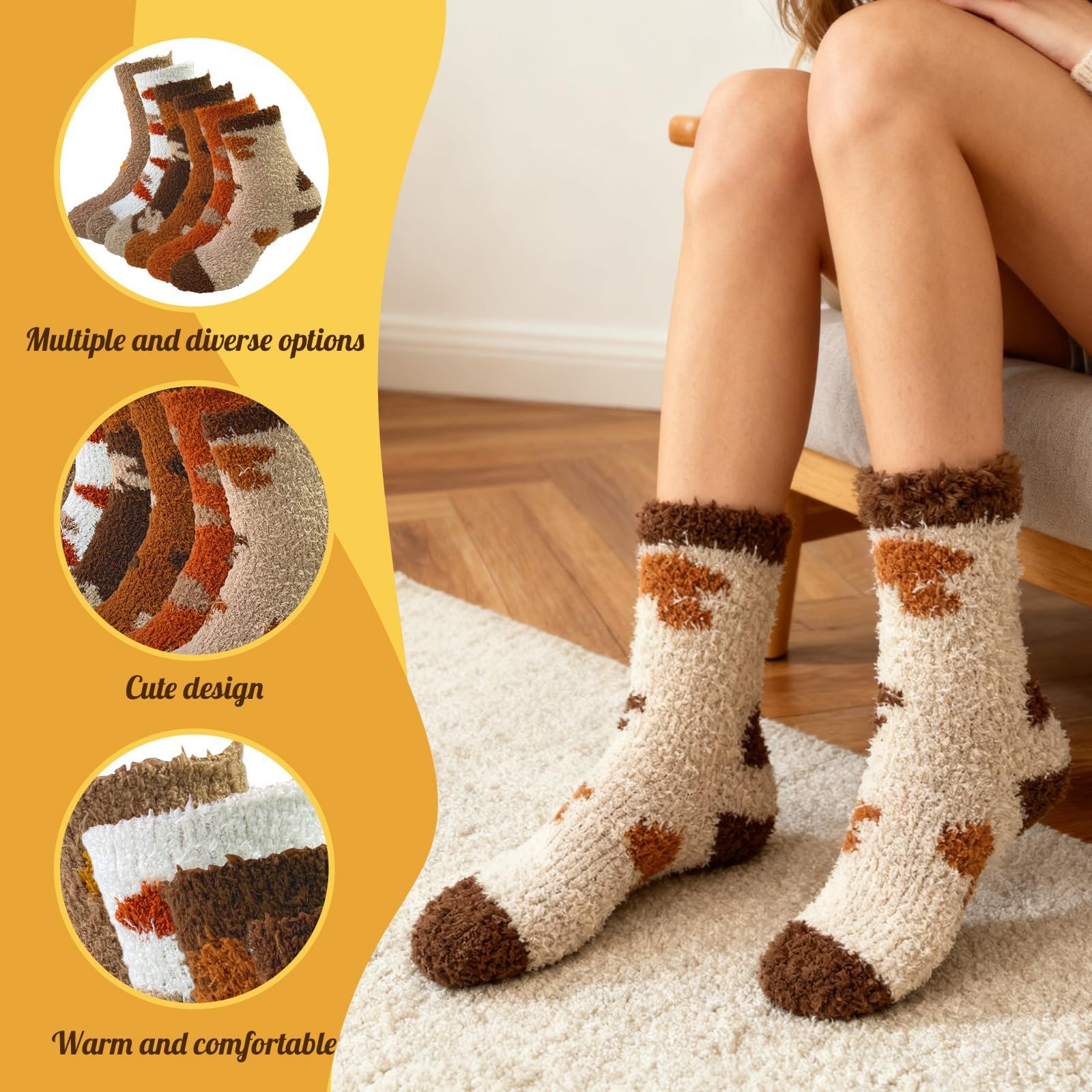 Пушистые носки 6 пар, Коричневые узоры, Теплые домашние носки для сна для осени и зимы, 36-42, фото №3