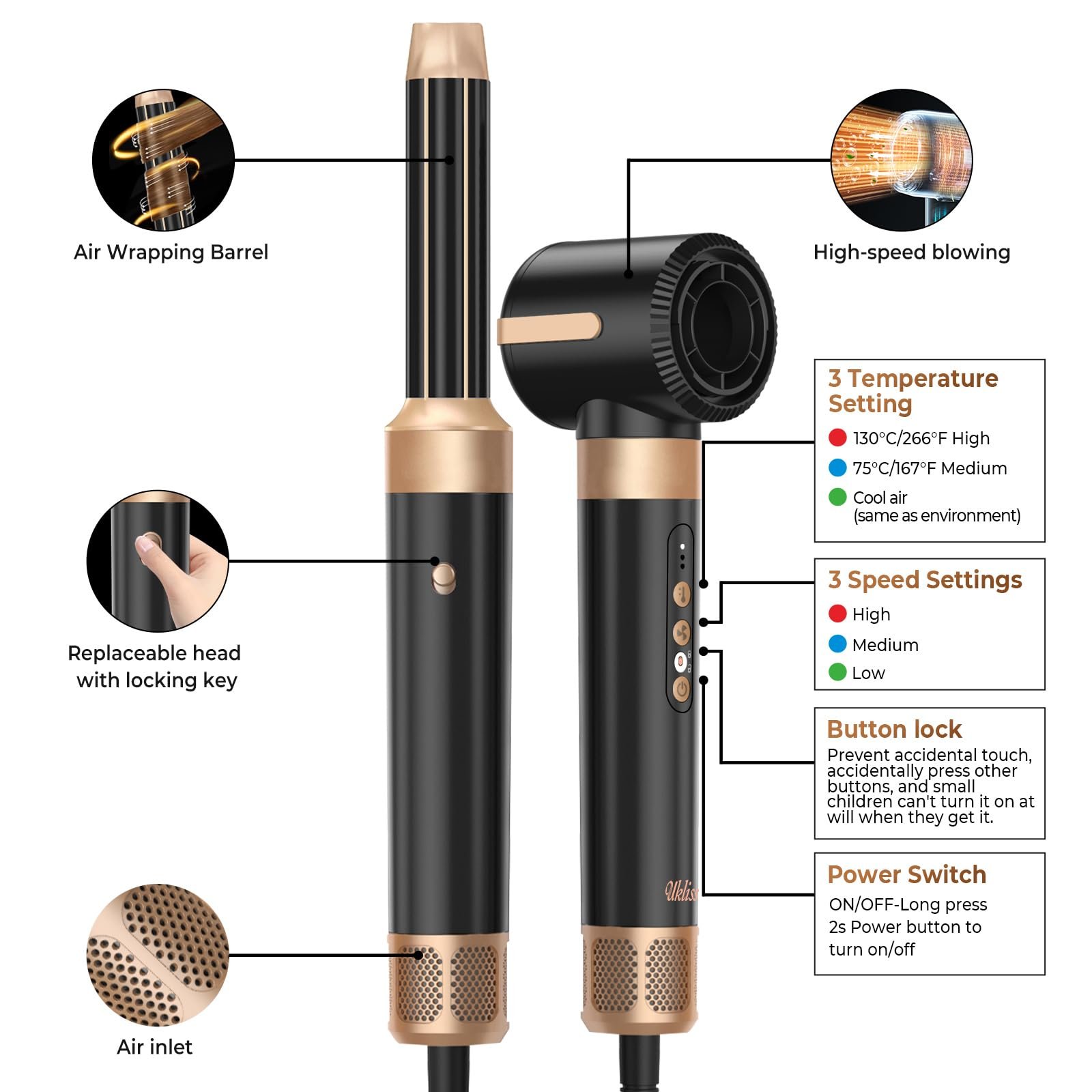 Мультистайлер UKLISS Airstyler 7 в 1 1400 Вт, 3 температурных режима, плойка 30 мм, диффузор, фото №4 Мультистайлер UKLISS Airstyler 7 в 1 1400 Вт, 3 температурных режима, плойка 30 мм, диффузор, фото №4
