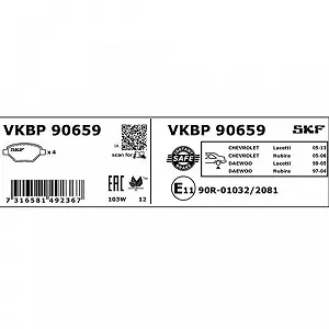 Комплект тормозных колодок, дисковый тормоз SKF VKBP 90659 CHEVROLET DAEWOO задняя ось synthetic.ua - Фото 1