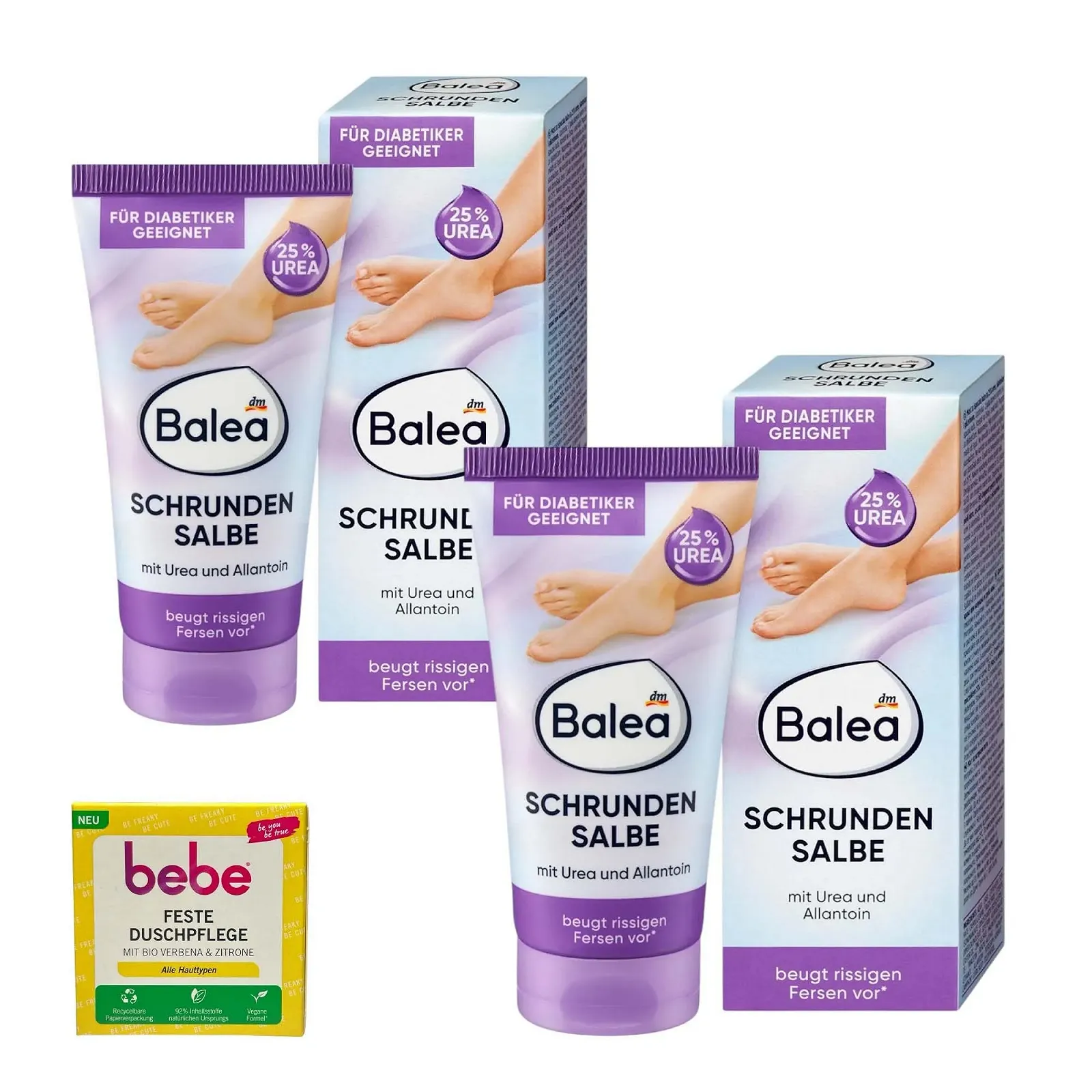 Мазь для ніг Balea від тріщин з 25% Urea та алантоїном 2 x 50 мл та твердий засіб для душу Bebe для діабетиків, фото №1