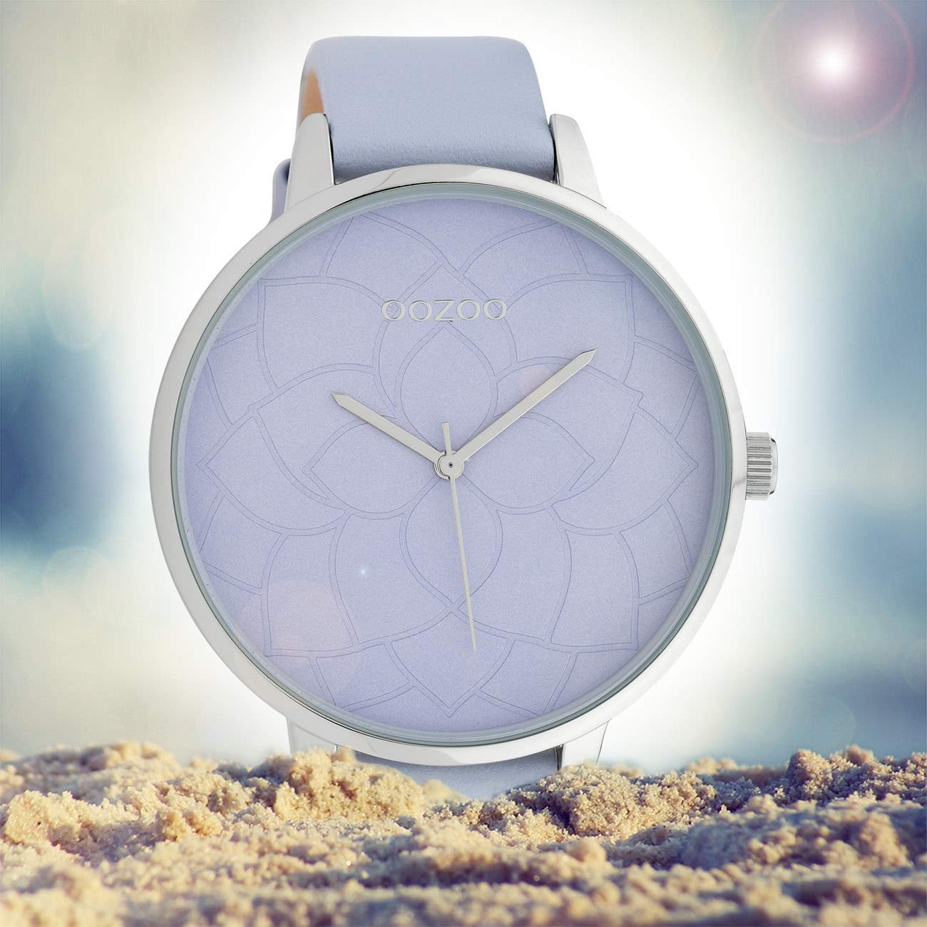 Женские часы Oozoo C10103 с цветочным циферблатом и кожаным ремешком 48 мм Сиреневый, Серебристо-светло-голубой, Ремешок, фото №4