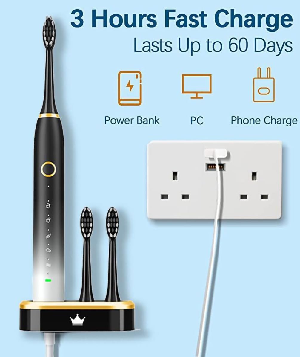 Електрична звукова зубна щітка для дорослих 40 000 VPM з 5 насадками та зарядною станцією 5 режимів, фото №4