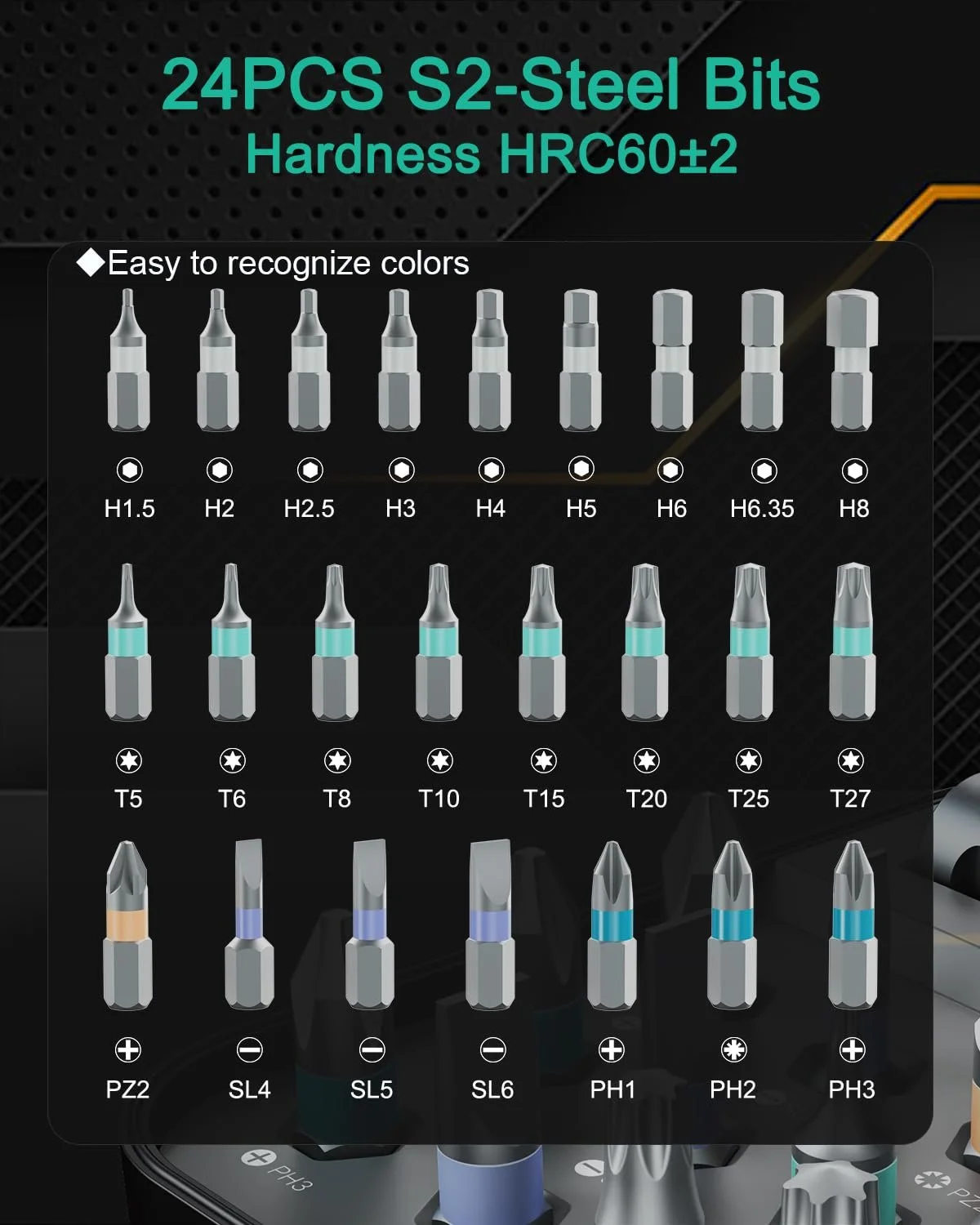 Набір прецизійних викруток ORIA 25-в-1 Магнітний, з тріскачкою, біти S2, Т-подібна ручка, фото №4