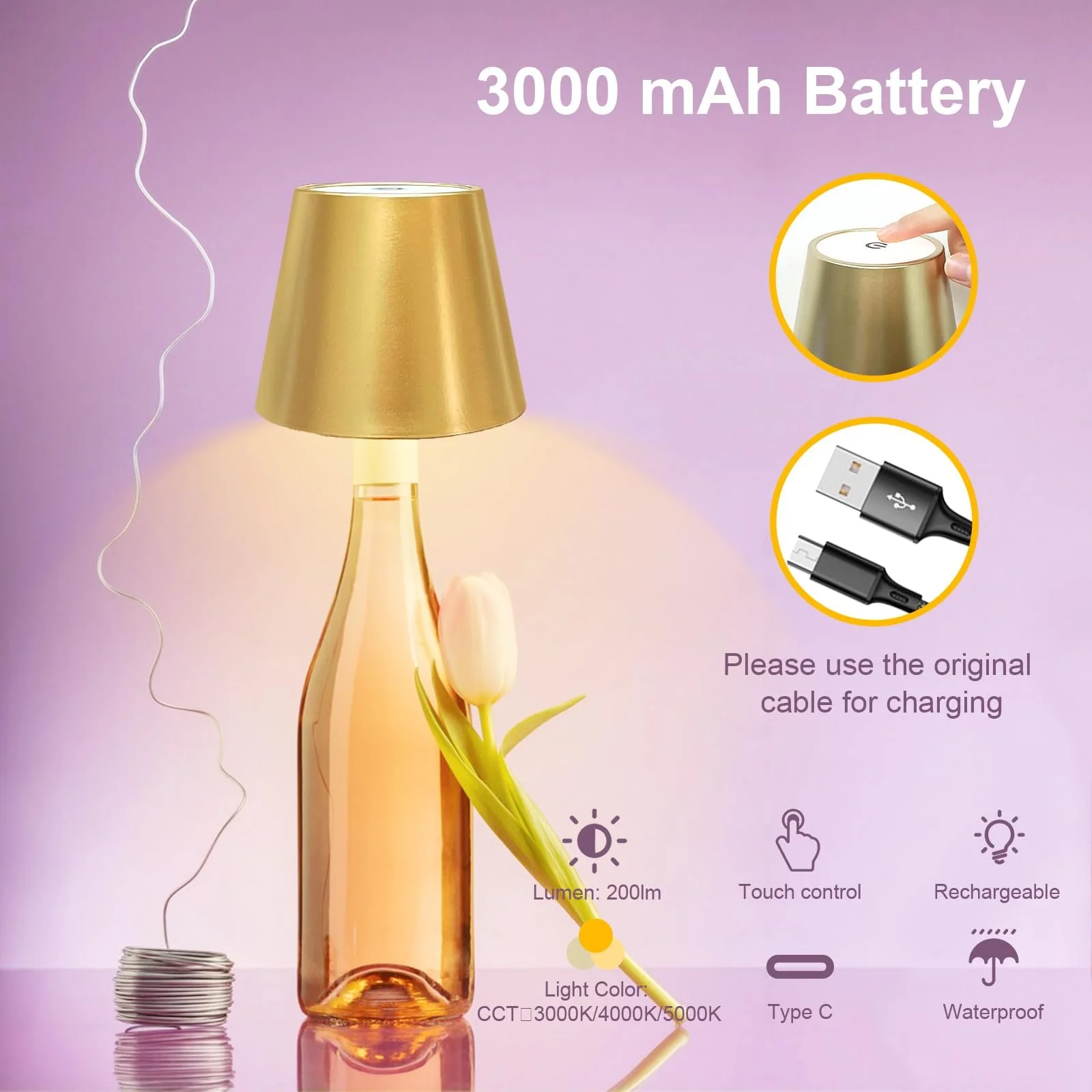 Настільна лампа ANTELA LED бездротова золотиста з димуванням 1 шт., фото №5