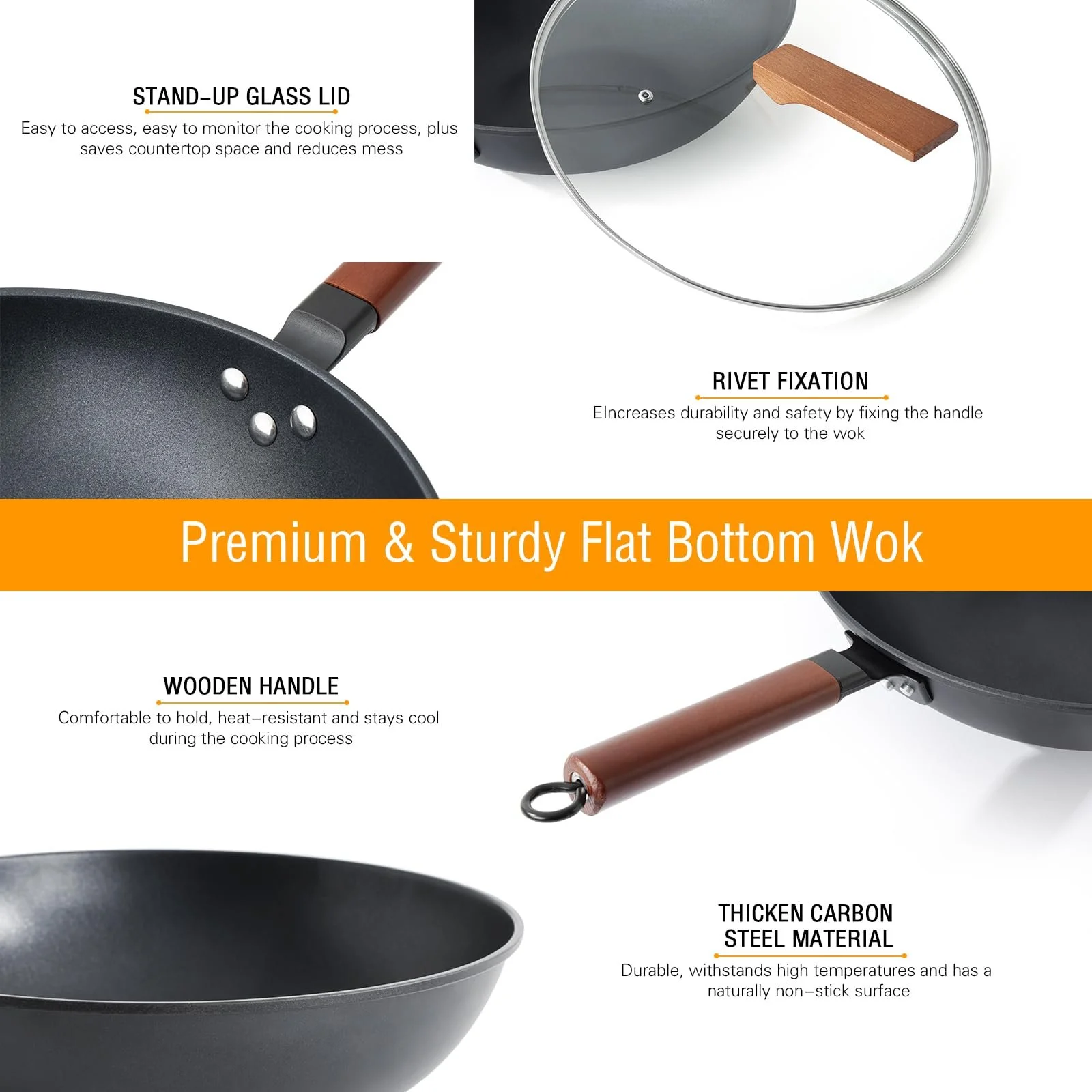 Сковорідка-Вок Kordisen Без прилипання 33 см/5.6 л з кришкою, Без хімічного покриття, Попередньо оброблений, Підходить для індукційних/електричних/газових плит, фото №6