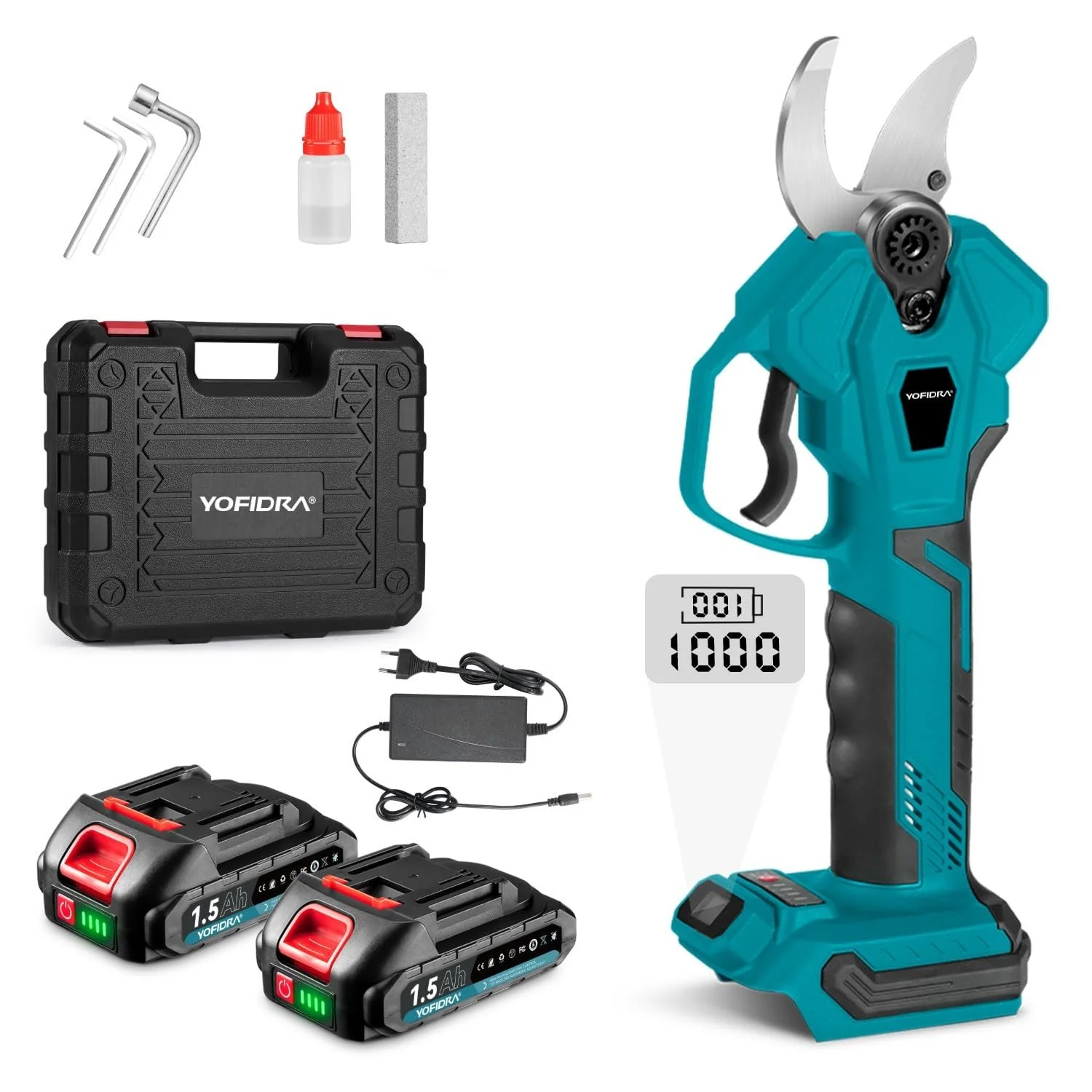 Секатор акумуляторний Yofidra 30 мм, максимальне відкриття 45 мм + 2 акумулятори, LCD дисплей, зарядний пристрій + кейс, фото №1