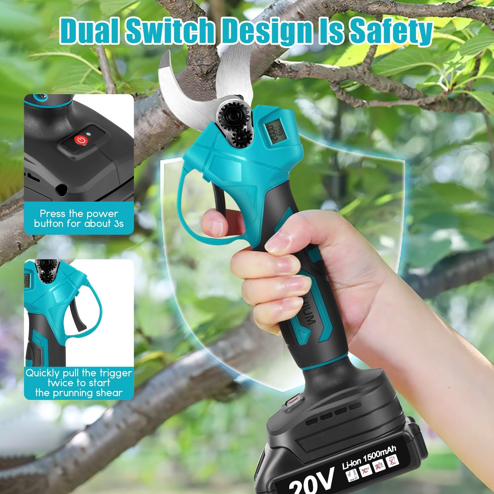 Акумуляторний секатор Professional, електричний, 2 x 20 V 1500 mAh батареї, РК-дисплей, безщітковий двигун, макс. 30 мм діаметр різання, леза SK5, фото №4