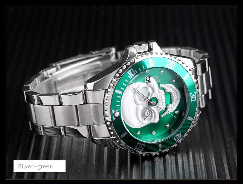 Часы HUNRUY 3D Skeleton Unidirectional Bezel 30M Waterproof Quartz Мужские Зеленый Серебристый Fashion, фото №4