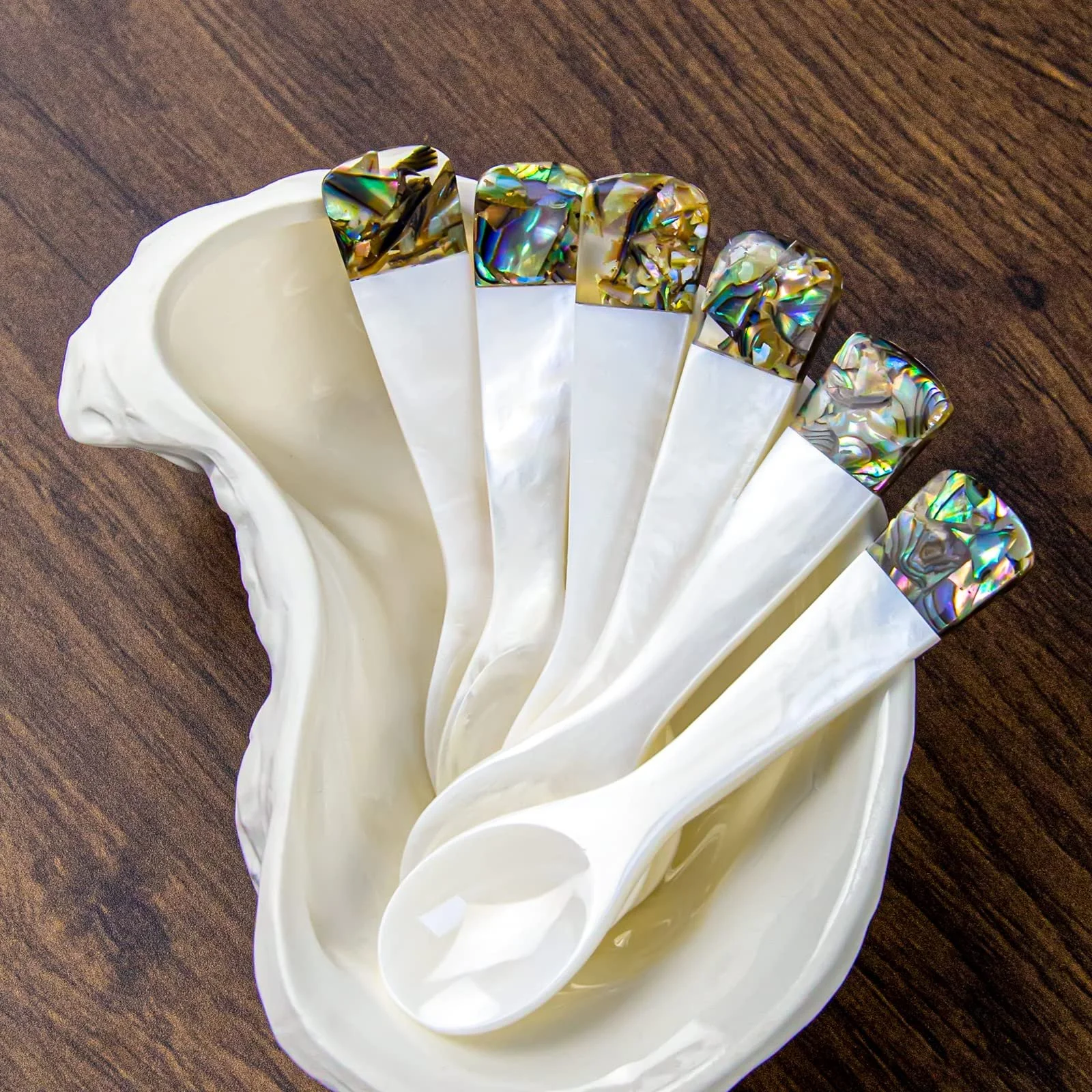 Ложка перламутровая DUEBEL 6 шт, ложки для яиц, ложки для икры, белая ложка из перламутра с зеленой ручкой из пресноводного моллюска, около 9 см, фото №6