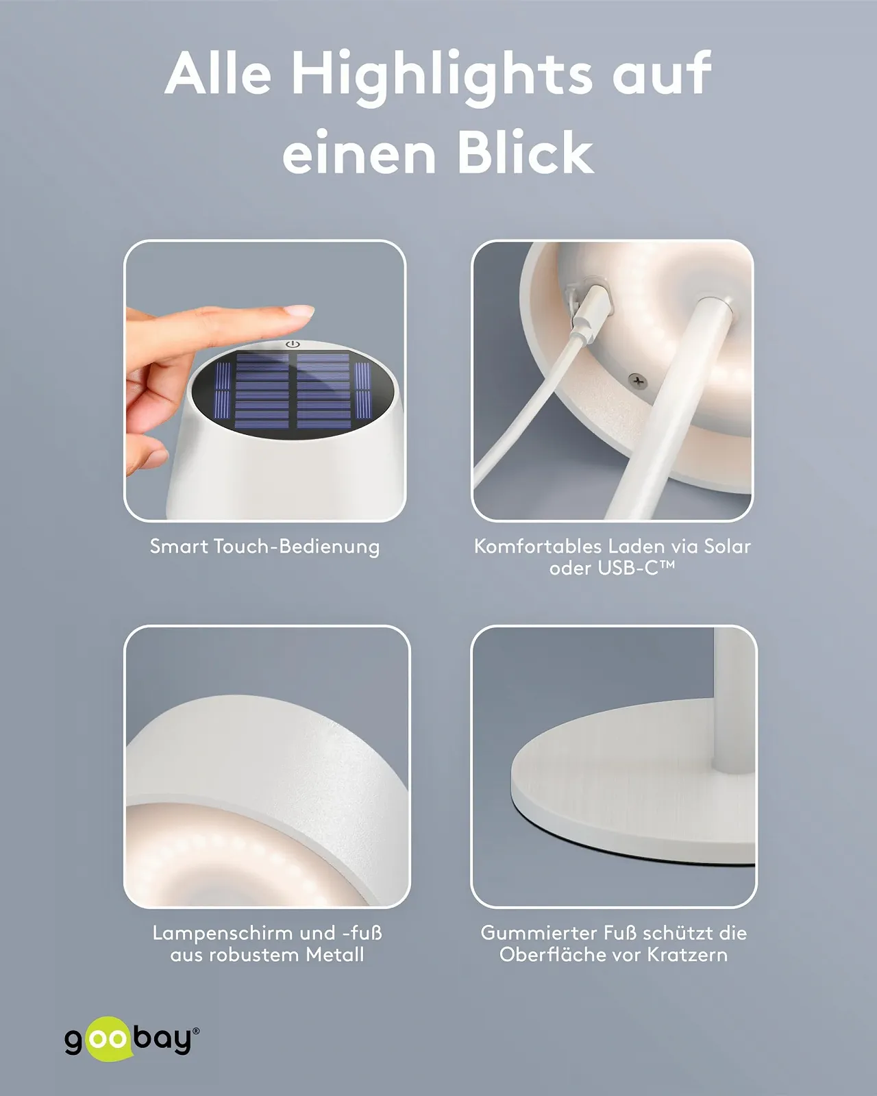 Настільна лампа goobay 73929 LED акумуляторна IP44 сенсорна безступінчасте димування USB-C Білий, фото №8