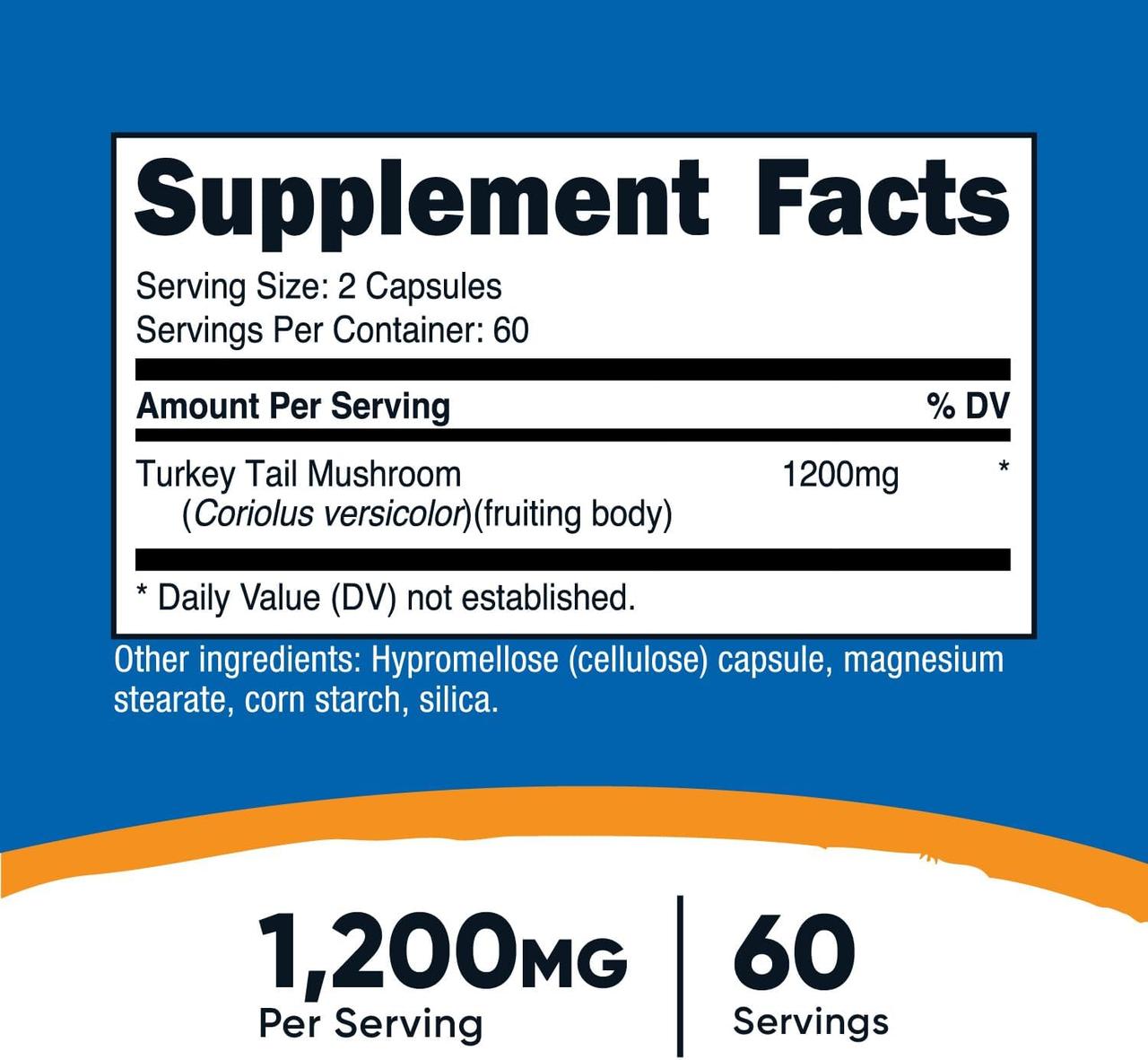Трутовик разноцветный Nutricost Turkey Tail Mushroom 1,200 mg 120 Capsules 600 per Capsule, фото №3