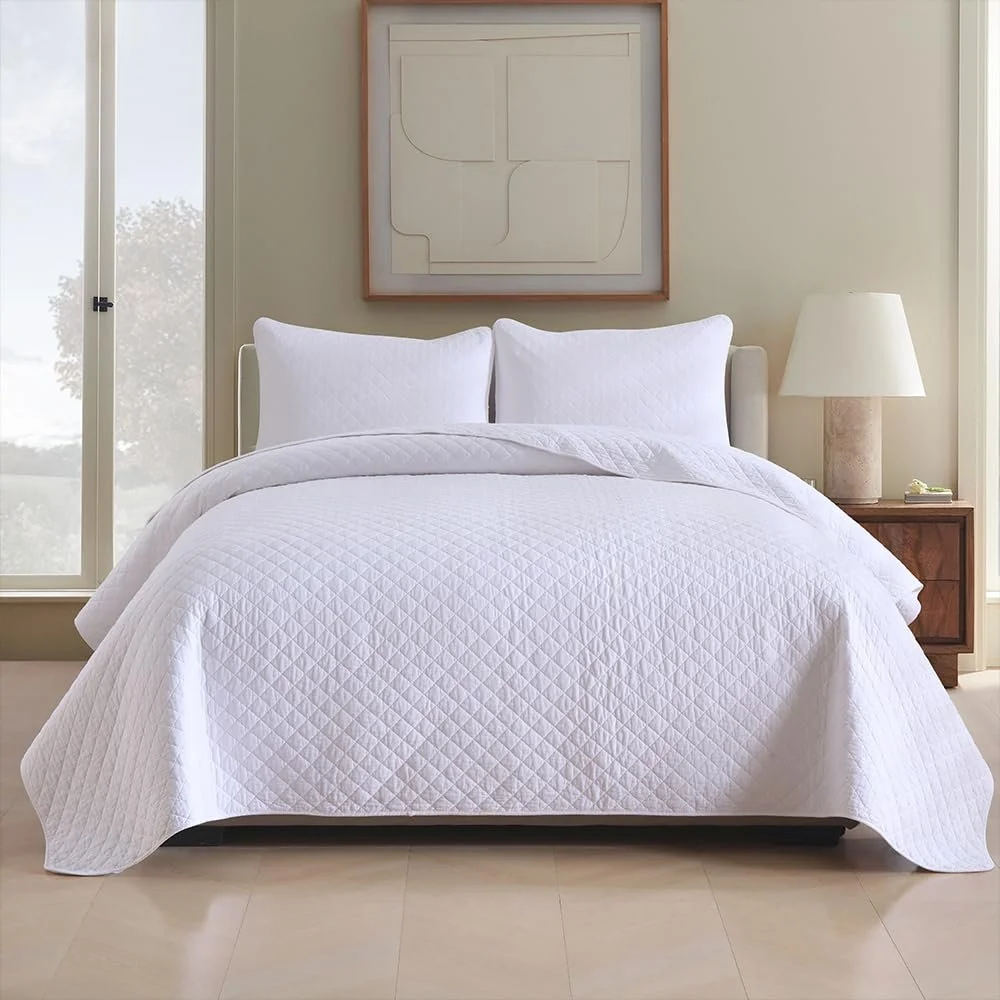 Покрывало Хлопок ENASAL 220 x 240 см с 2 наволочками для двуспальной кровати, 3 предмета, стеганое одеяло, ромбовидный узор, белый, 230 x 250 см, фото №1
