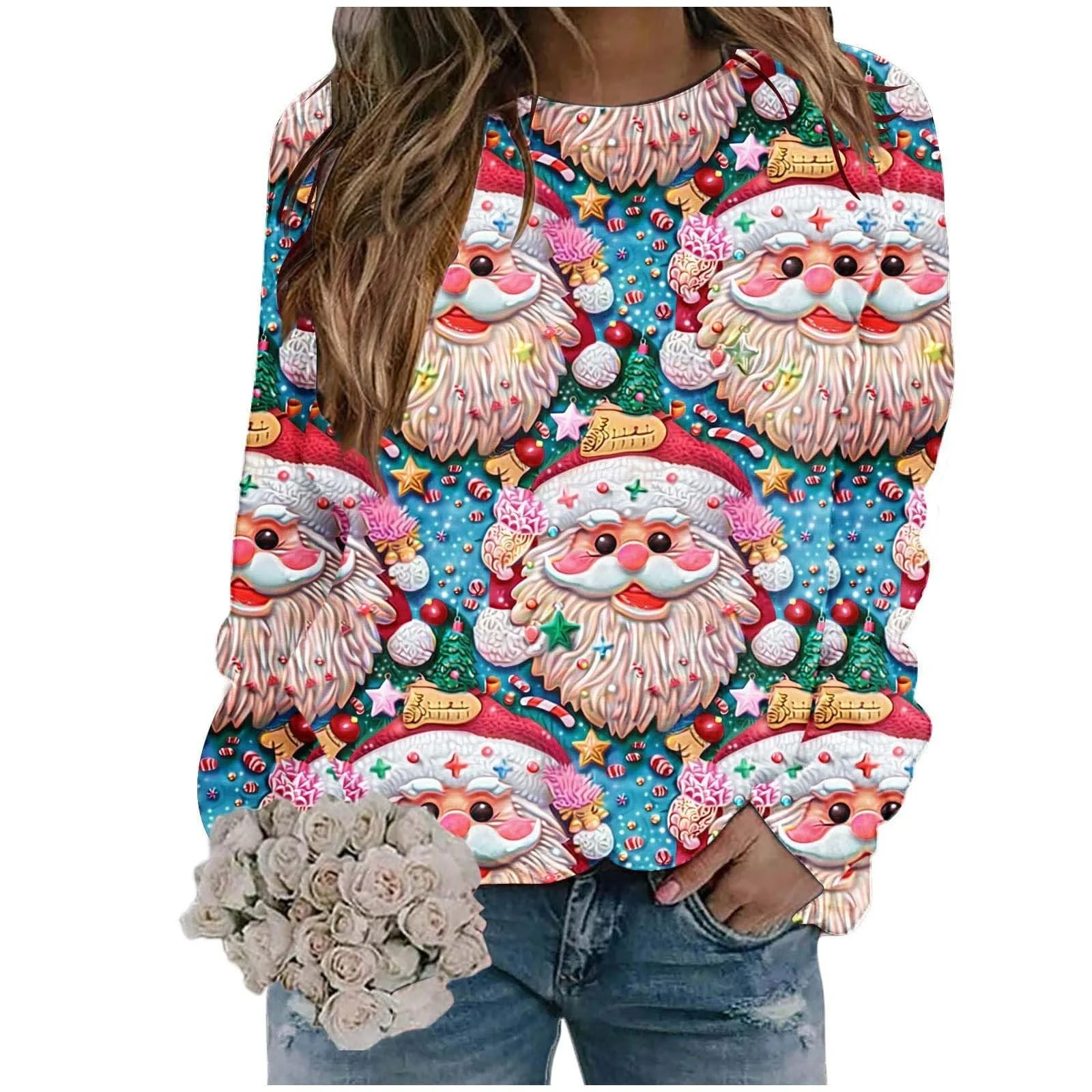 Рождественский свитер Женский С длинными Рукавами Круглый Вырез Рождественский Свитер С Рисунком Снеговика Многоцветный Большой Размер, фото №4