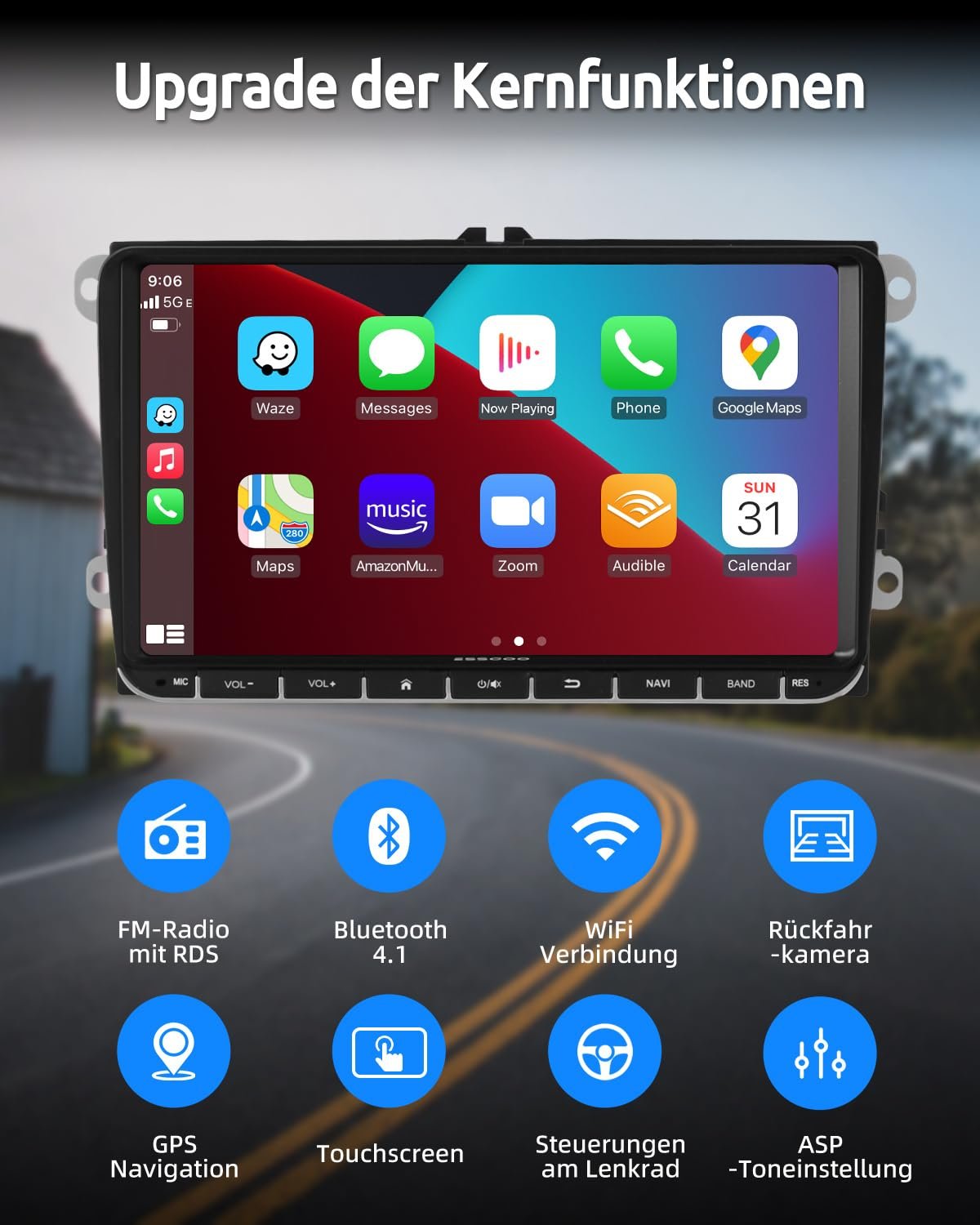 Автомагнітола Essgoo для VW Golf 5 6 Touran B6 EOS Tiguan Polo 4+64G Carplay 9 дюймів Android 14 Бездротова, Bluetooth, GPS, RDS, навігація, Mirror Link, FM, SWC, фото №2