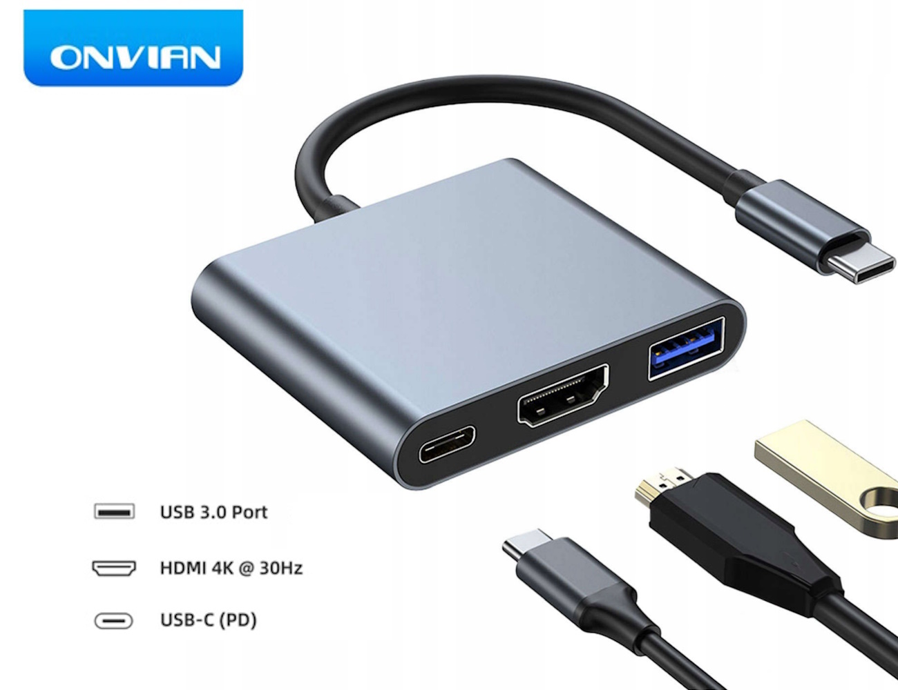 USB-хаб Onvian адаптер HUB 3in1 USB-C to USB 3.0/HDMI/USB-C для Nintendo Switch, NoteBook, фото №1