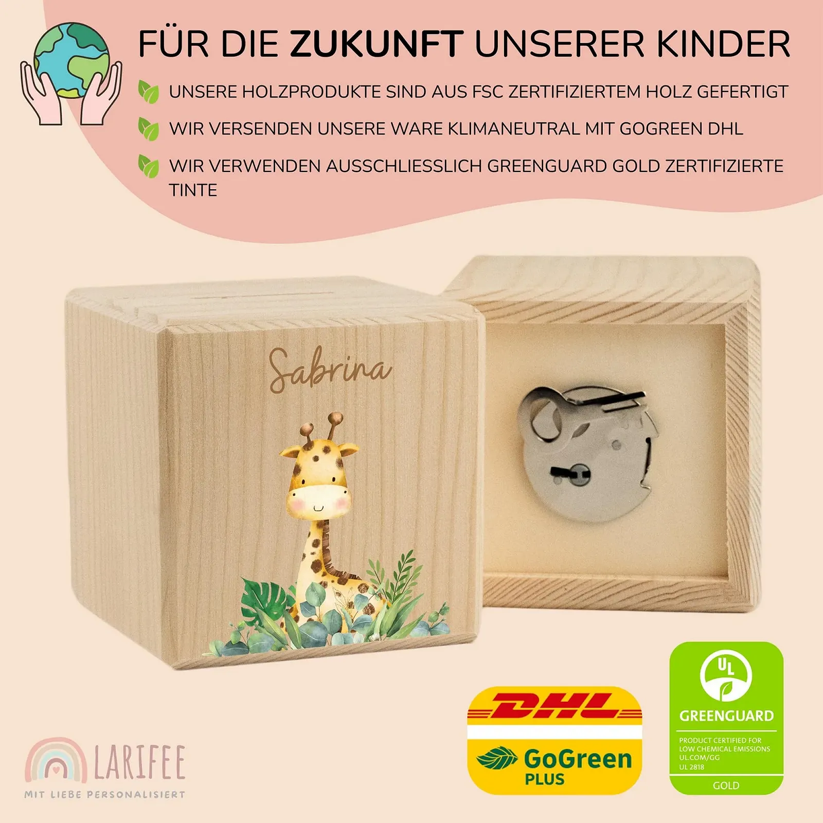 Скарбничка LARIFEE іменна Жираф дерев'яна куб із замком та ключем, фото №3