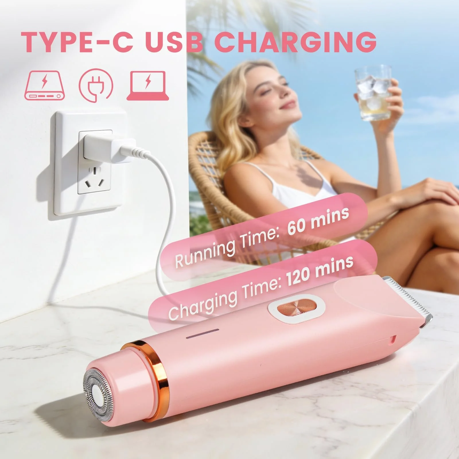 Жіноча електробритва 2-в-1 з подвійною головкою USB-C зарядкою та водонепроникним тримером для обличчя та тіла, фото №6 Жіноча електробритва 2-в-1 з подвійною головкою USB-C зарядкою та водонепроникним тримером для обличчя та тіла, фото №6